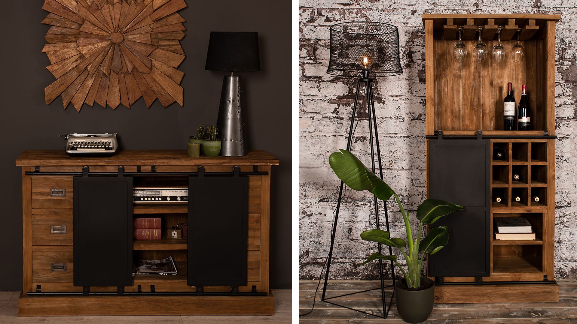 Cave à vin Signature en bois avec 1 porte en métal et 6 compartiments à vin 90 cm x 43 cm x H 90 cm Teck vintage