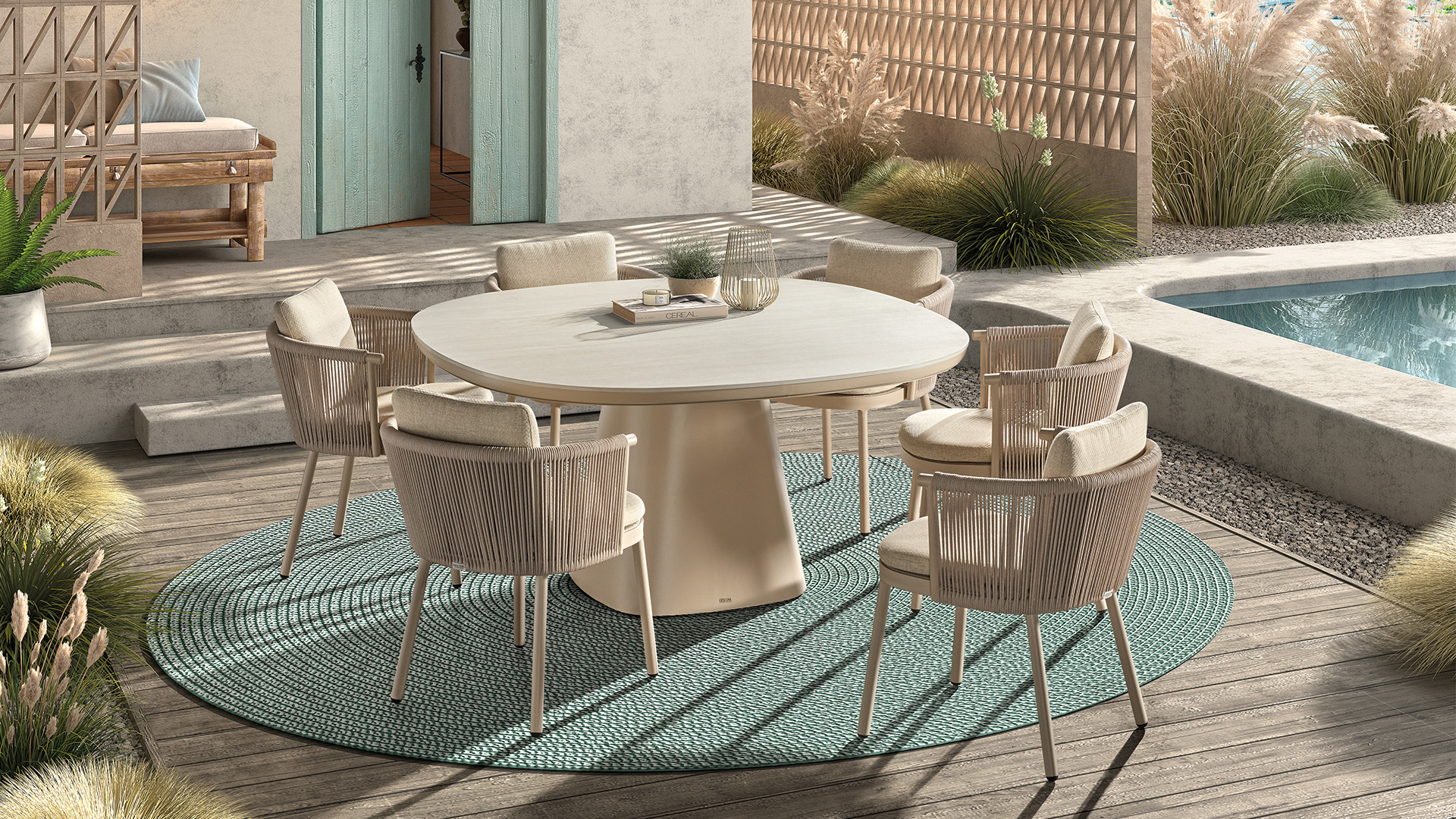 Table de jardin Alu Romero 260cm x 110cm Alu Lin + Plateau Romano Travertino Céramique