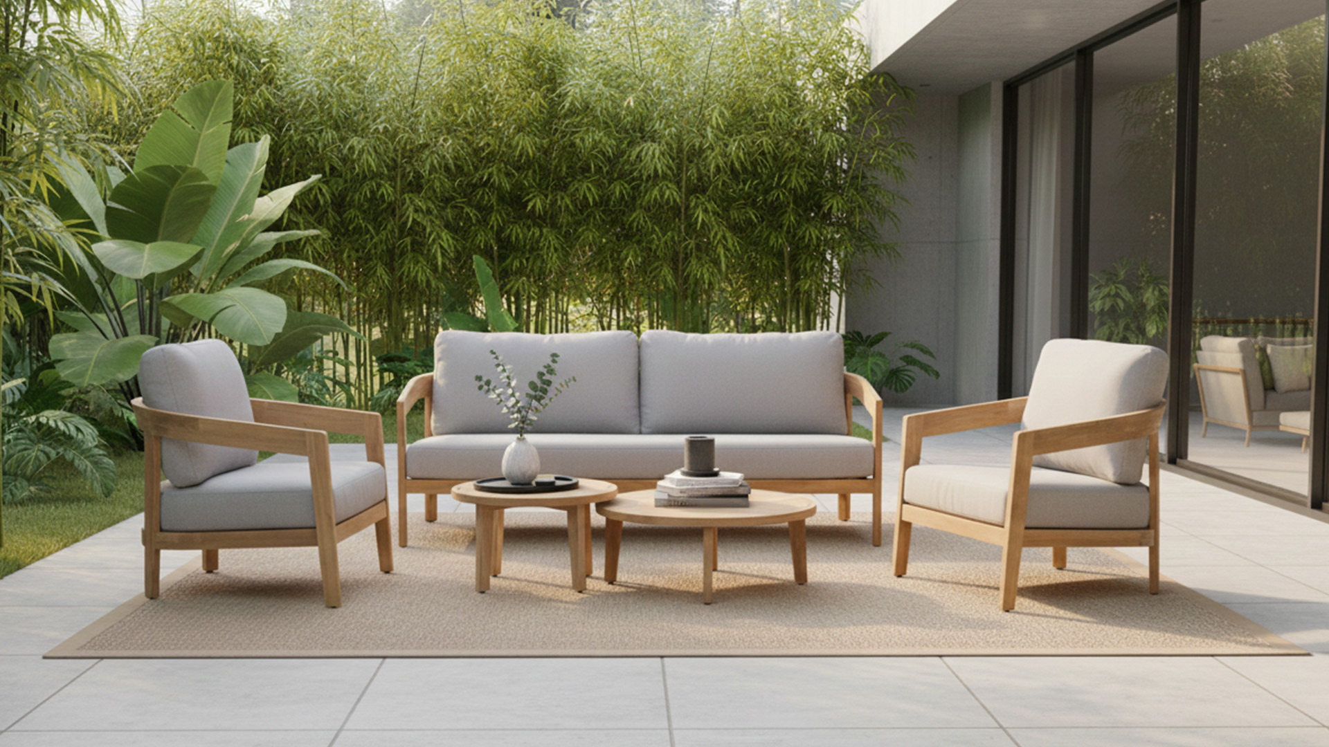 Teak Lounge Set Laval 2x1-zit + 1x2-zit+ Set/2 Salontafels - Kussens Sunproof Light Grey  