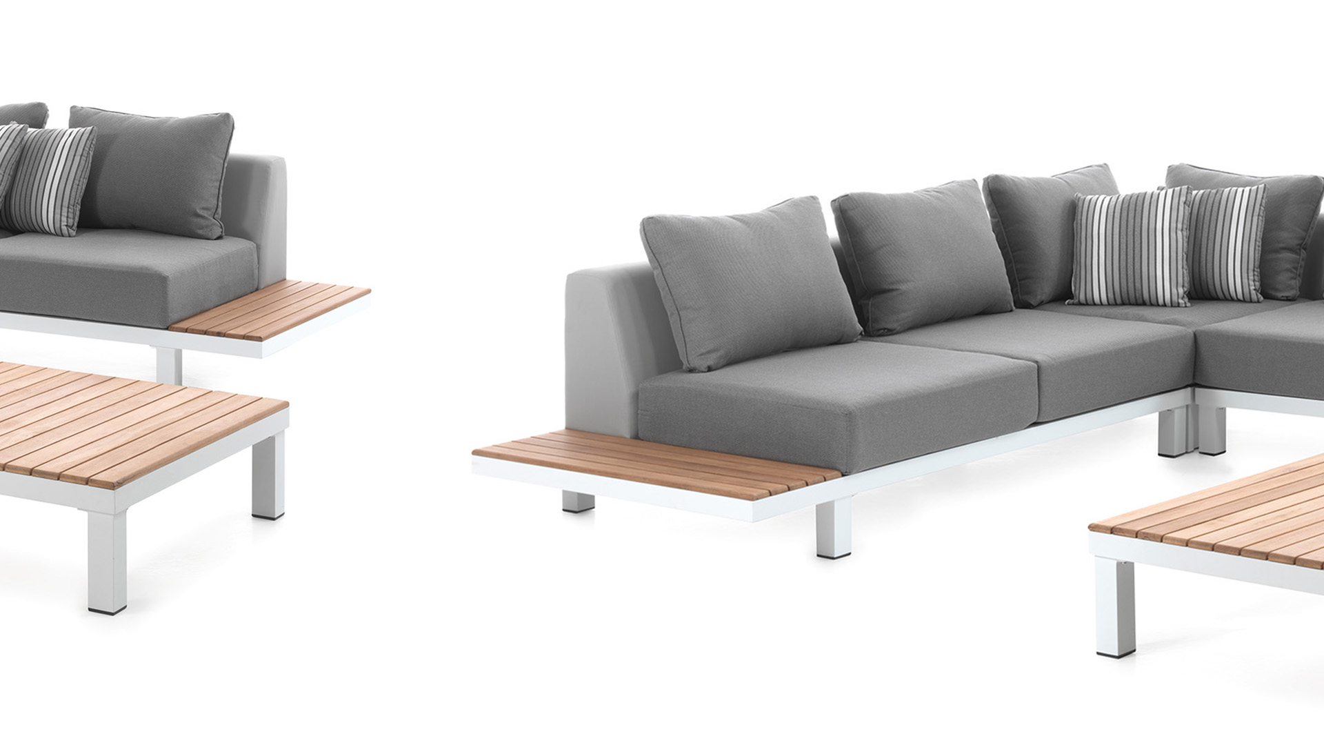 Alu/Teak Lounge Hollywood Set 1 x 2 Zit Links + 1 x 2Zit Rechts + Hoek + Koffietafel White Mat Alu - Grey Olefin Kussens