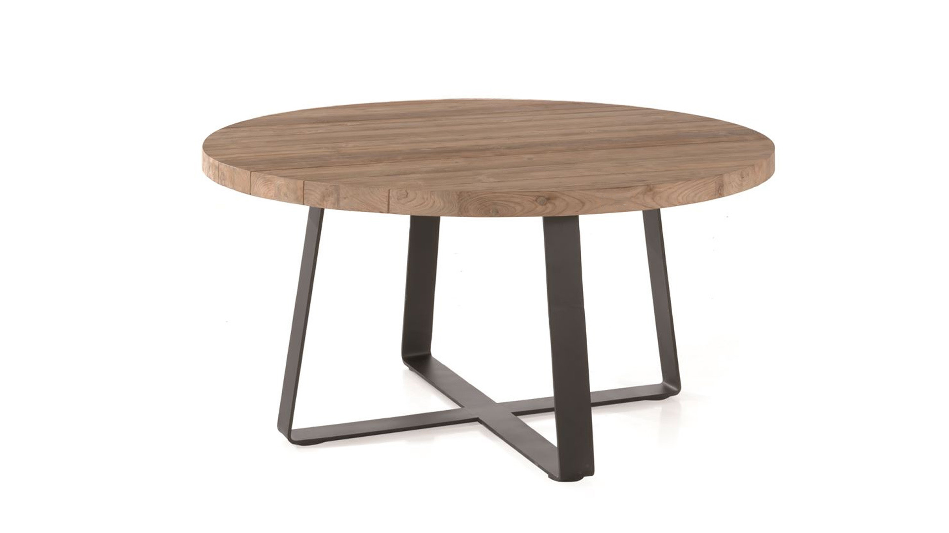 Table de jardin en teck Magdalena Dia 130cm x H77cm avec pieds métal noir mat - Recup Teck