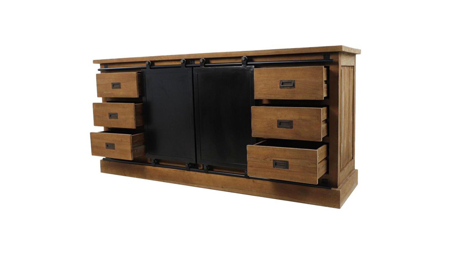 Wood Signature Sideboard mit 6 Schubladen und 2 Metalltüren, 220 cm x 50 cm x H85 cm, Vintage-Teak