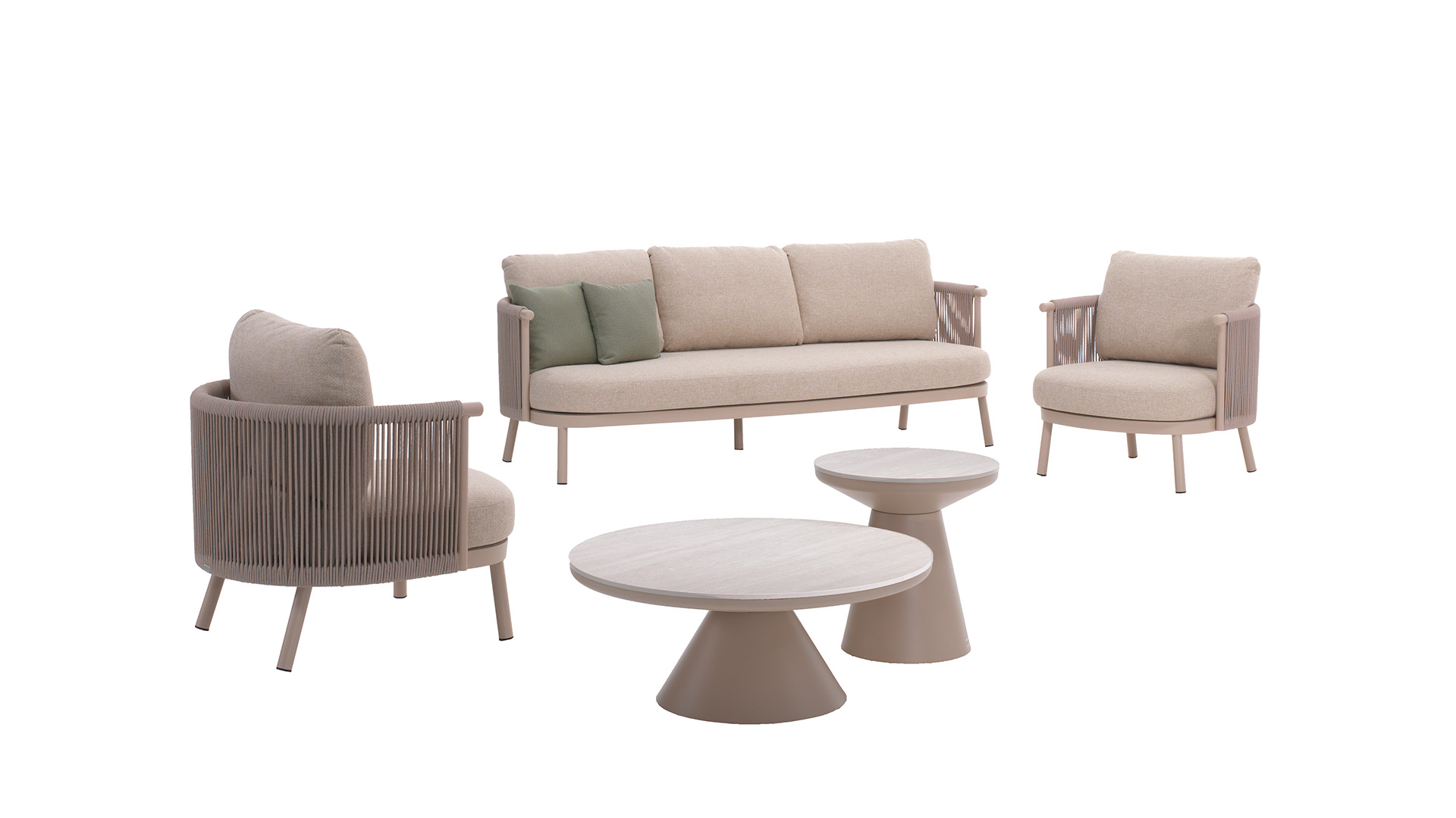 Alu Lounge Set Milan 1 x 3-Seater + 2x 1-Seater + S/2 Coffee Tables Alu Linen With Rope Beige + Seat and Back Cushions Sunbrella Beige