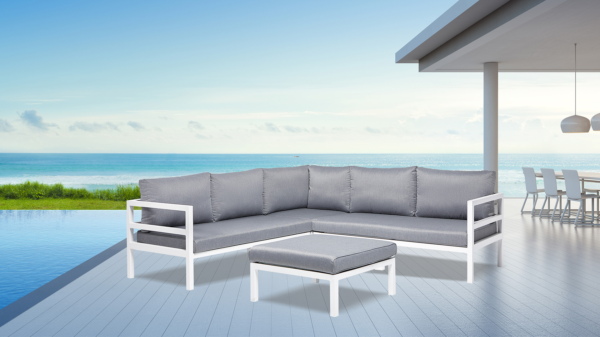 Barolo Hoeklounge Set 4-delig Alu Mat White + Washed Grey Kussens Water Repellent