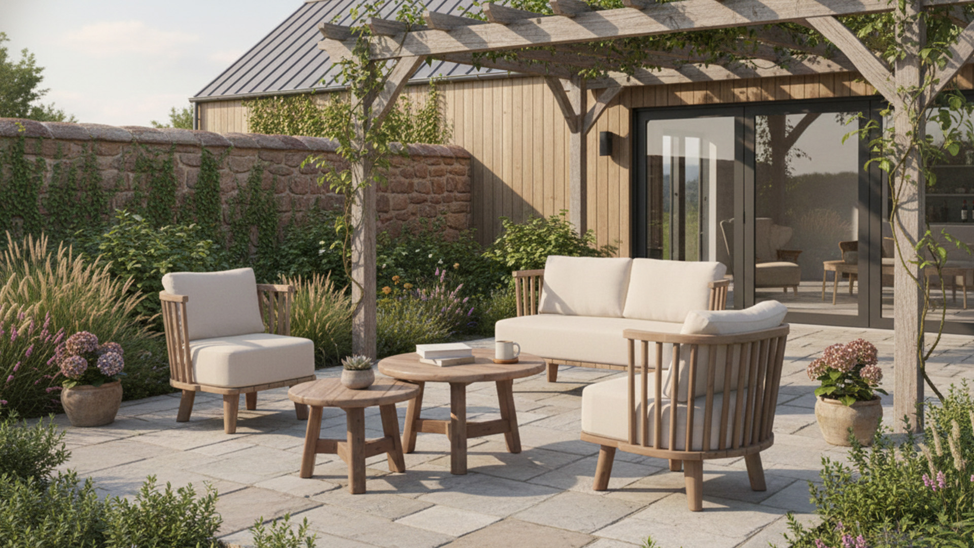 Teak Loungeset Casablanca 1x2-Zit + 2x1-Zit + Set 2 Koffietafels Recup Teak Met Zit en Rugkussens Sunbrella Heritage Papyrus - Quickdry   