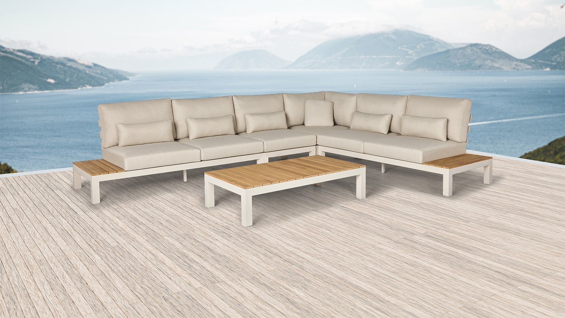 Vienna Corner Lounge Set 4-piece With Teak Top Alu Camel Sand Matt + Natural Mixed Weave Cushions Water Repellent