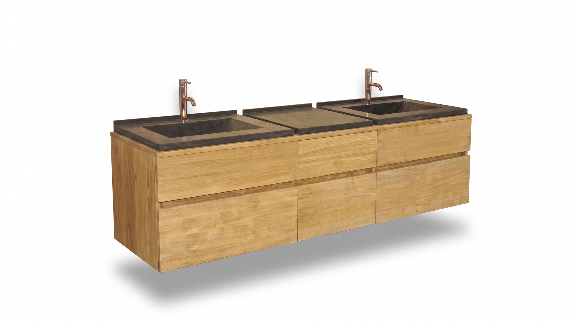 Teak Badkamermeubel Essence 210cm + 2 Volledige Granieten Waskommen Links en Rechts