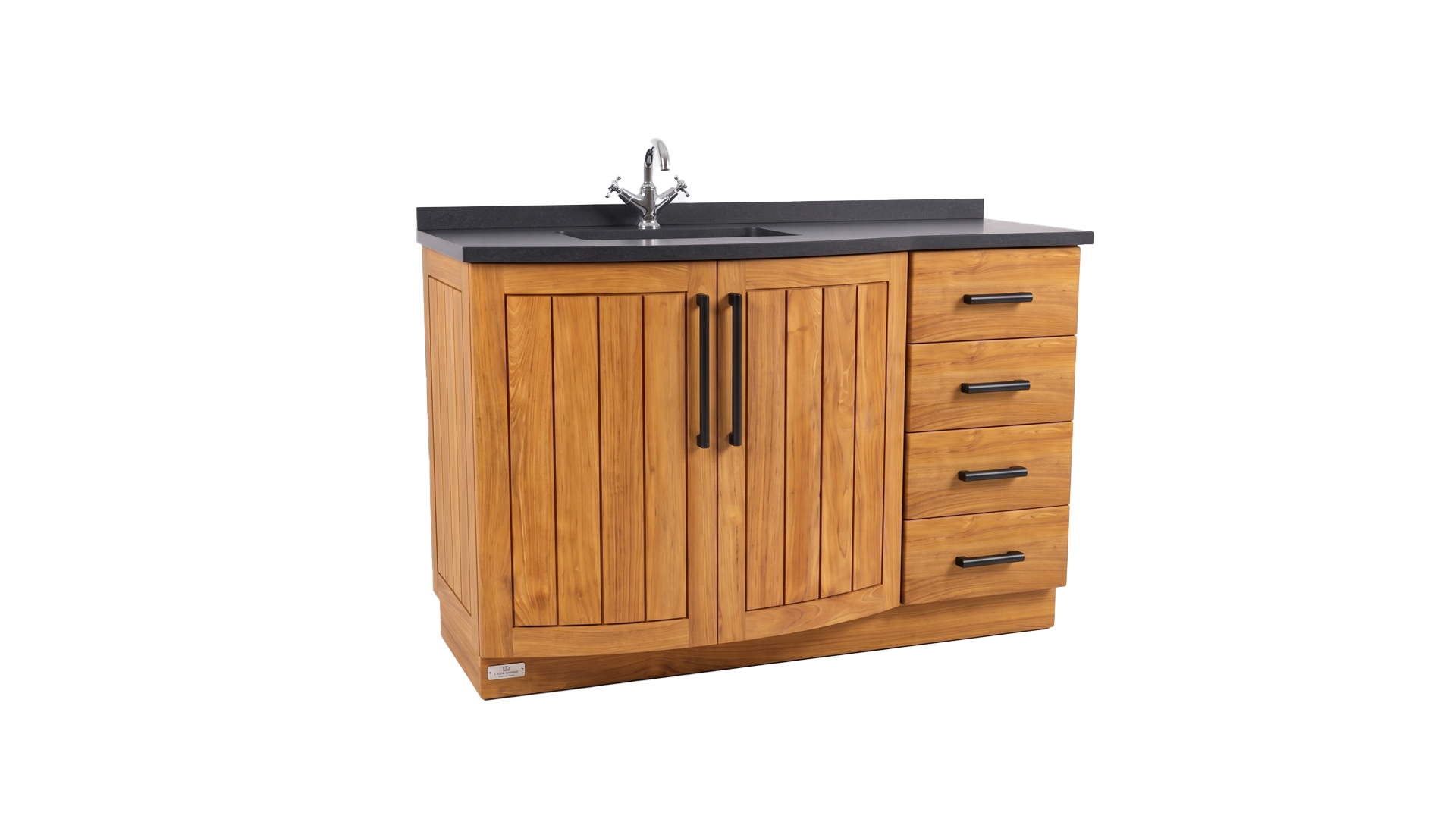 Teak Bathroom Furniture New Monaco 135cm With Matte Black Granite and Black Handles