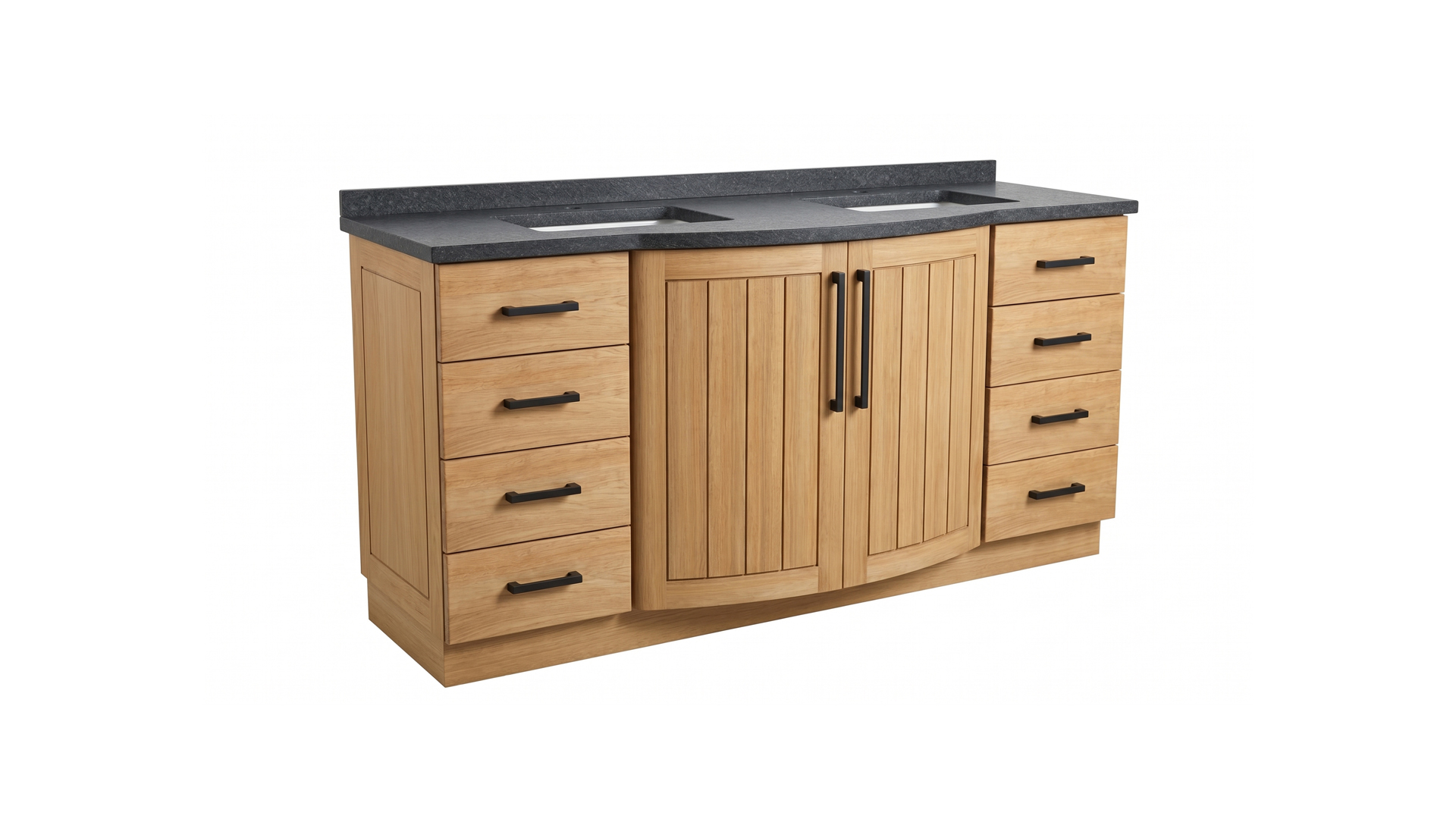 Teakholz-Badezimmermöbel New Monaco 175 cm mit mattschwarzem Granit und schwarzen Griffen