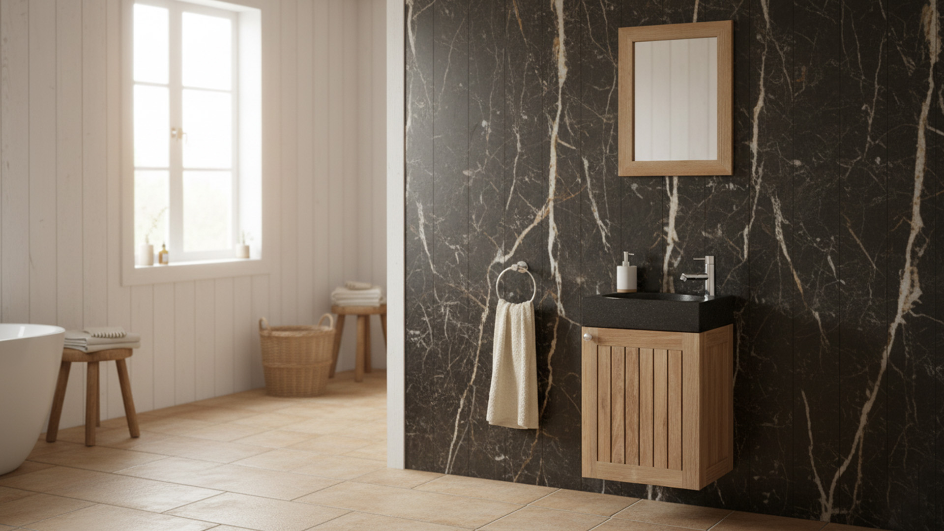 Lave-mains en teck Java Square + lavabo en pierre bleue