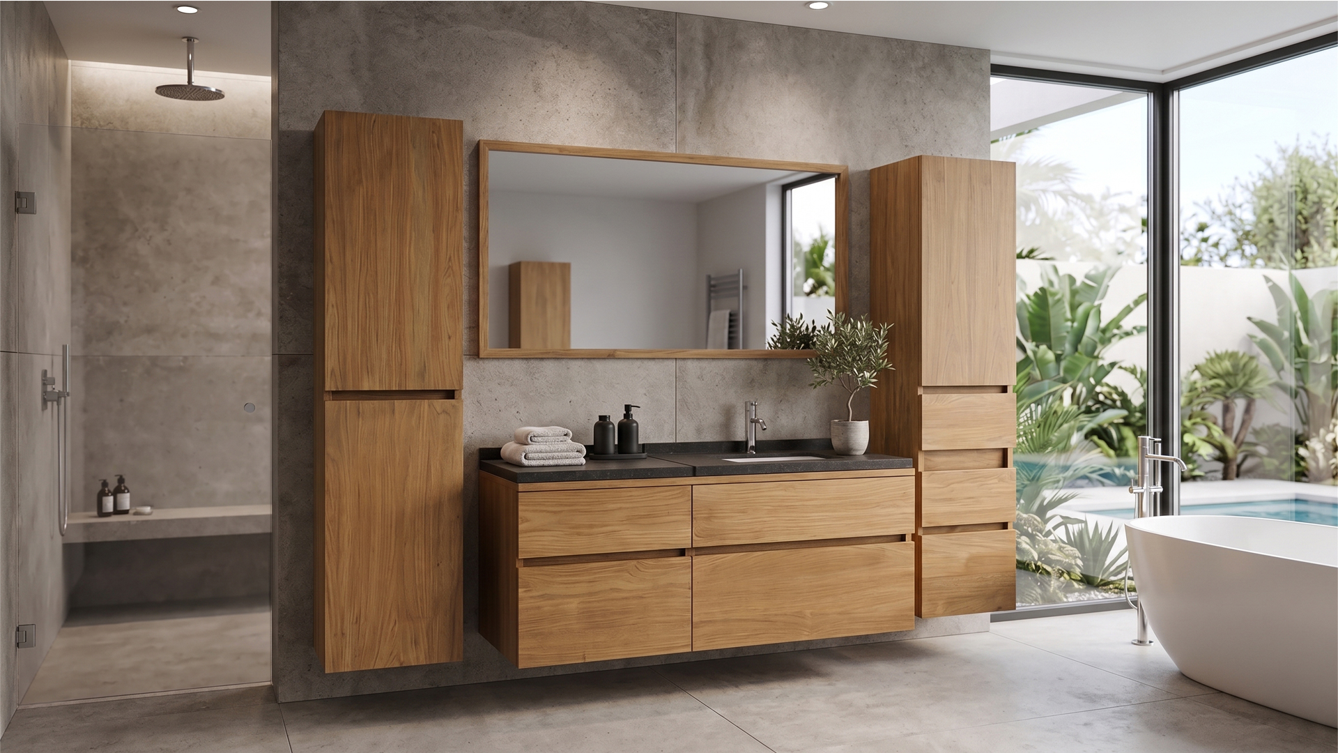 Teak Badkamermeubel Essence 130cm + Graniet + 1 Onderbouw Waskom Rechts