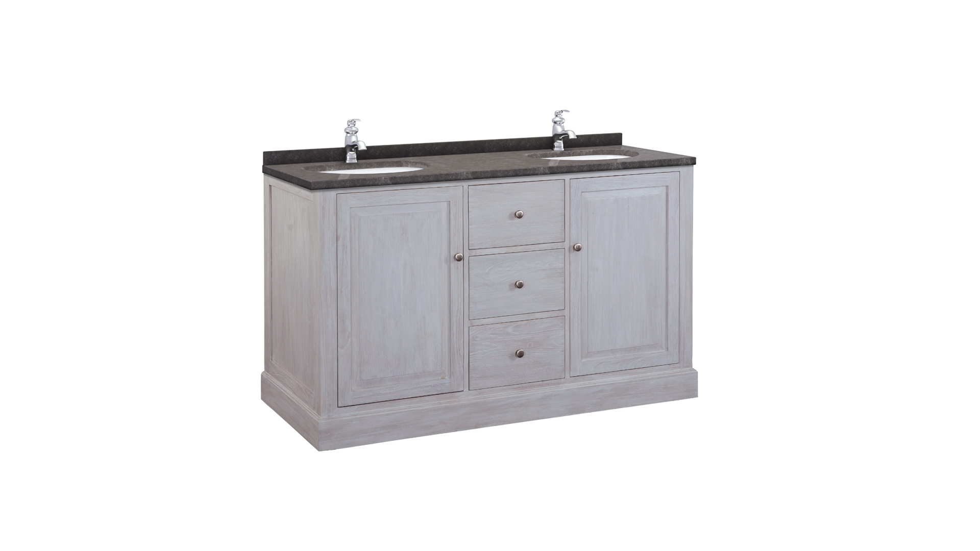 Badkamermeubel Retro Grey 125cm Met Laden + 2 Onderbouw Ovale Waskommen + Blauwe Hardsteen