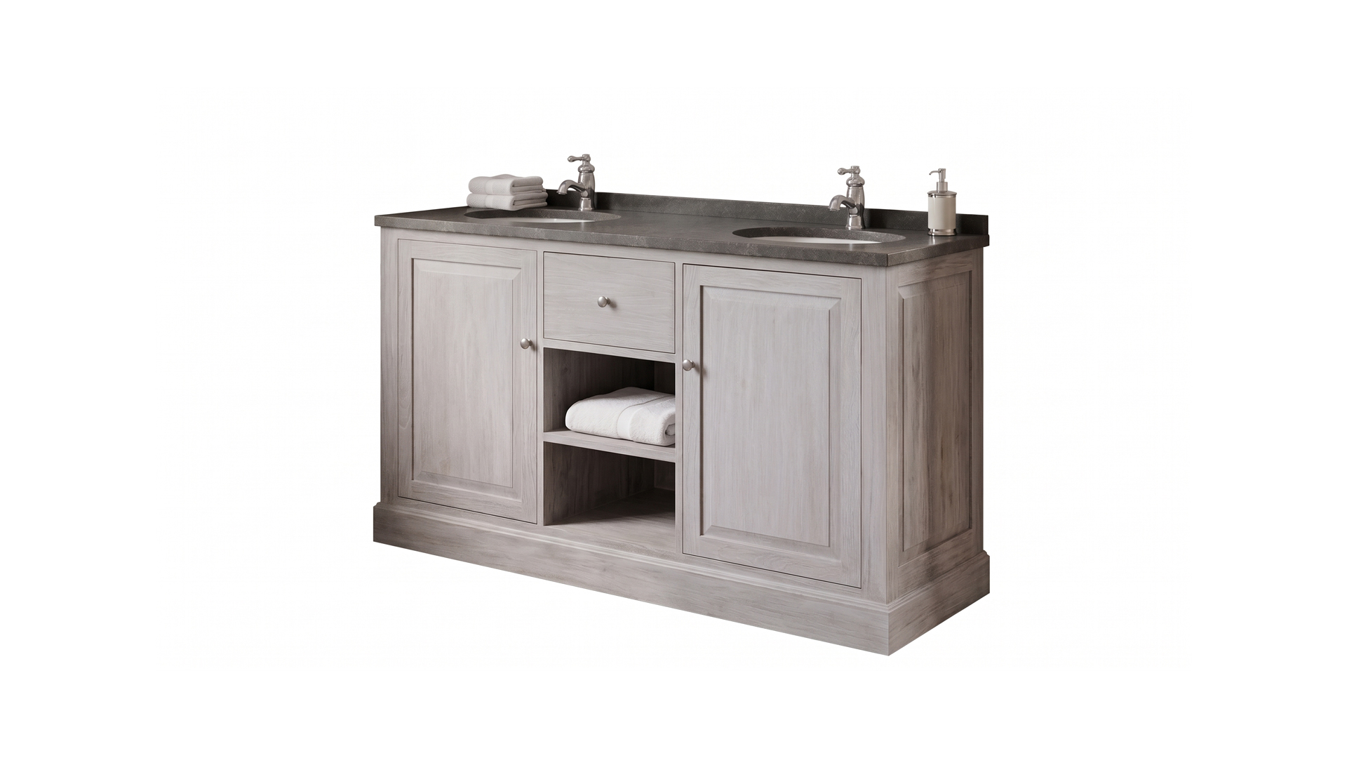 Meuble-lavabo rétro gris 125 cm avec niche + 2 vasques ovales encastrées + pierre calcaire bleue