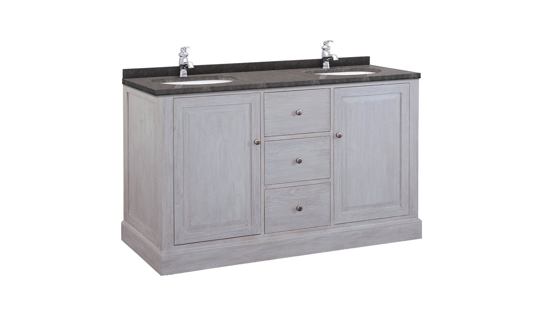 Badkamermeubel Retro Grey 150cm Met Laden + 2 Onderbouw Ovale Waskommen + Blauwe Hardsteen