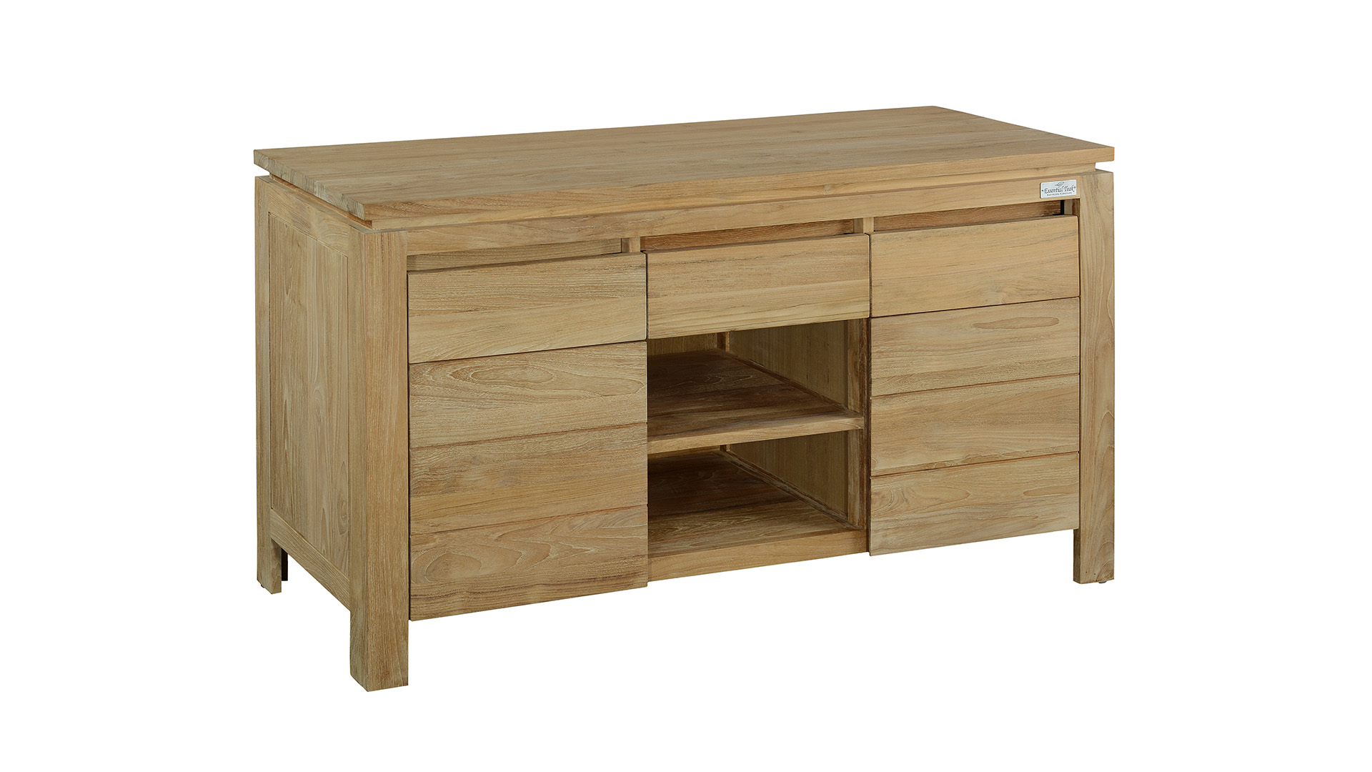 Teakholz-Badezimmermöbel New Toulouse, 140 cm, grifflos, 2 Drehtüren + 3 Schubladen, mit durchgehender Teakholzplatte
