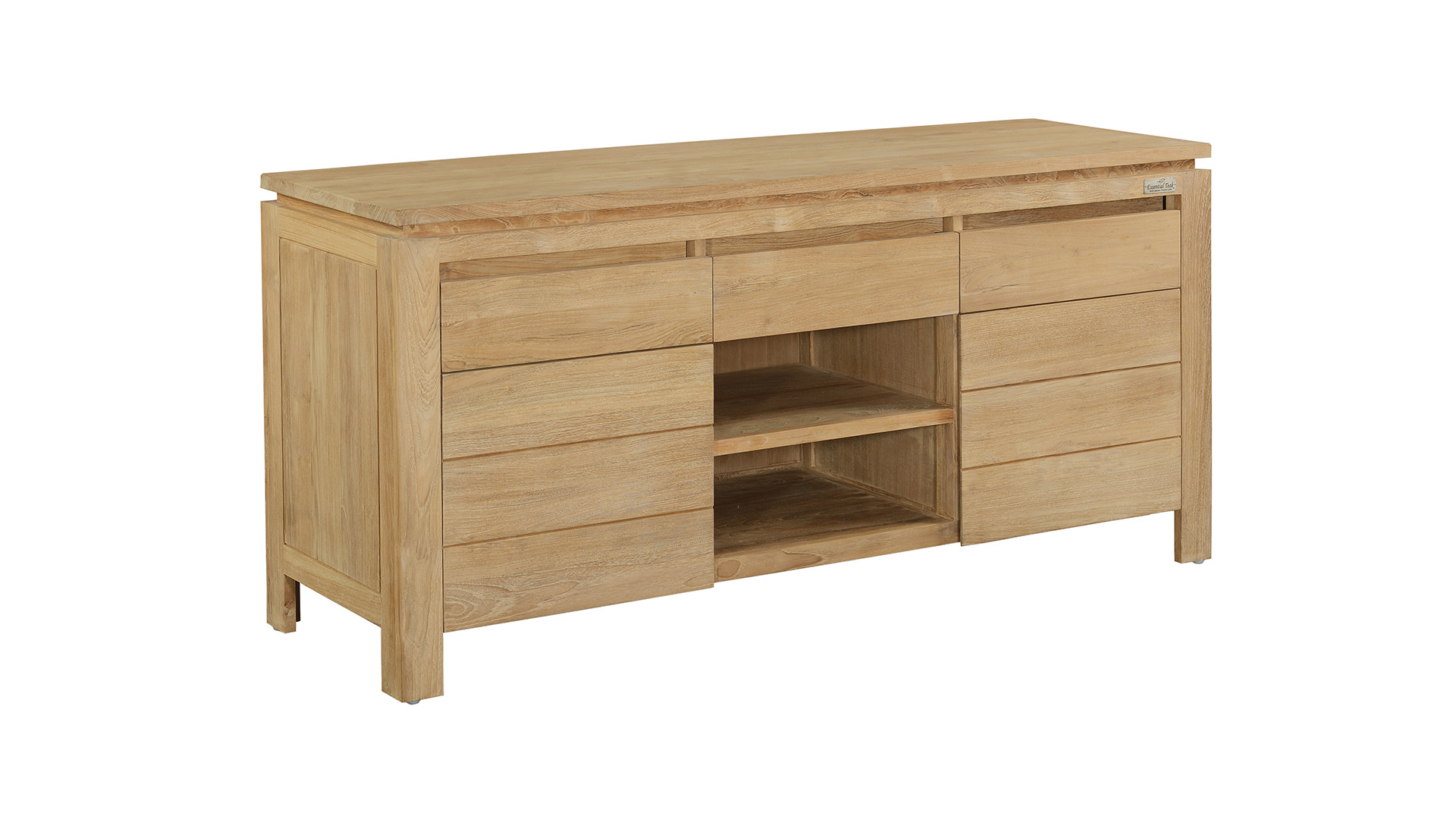 Teakholz-Badezimmermöbel New Toulouse, 160 cm, grifflos, 2 Drehtüren + 3 Schubladen, mit durchgehender Teakholzplatte