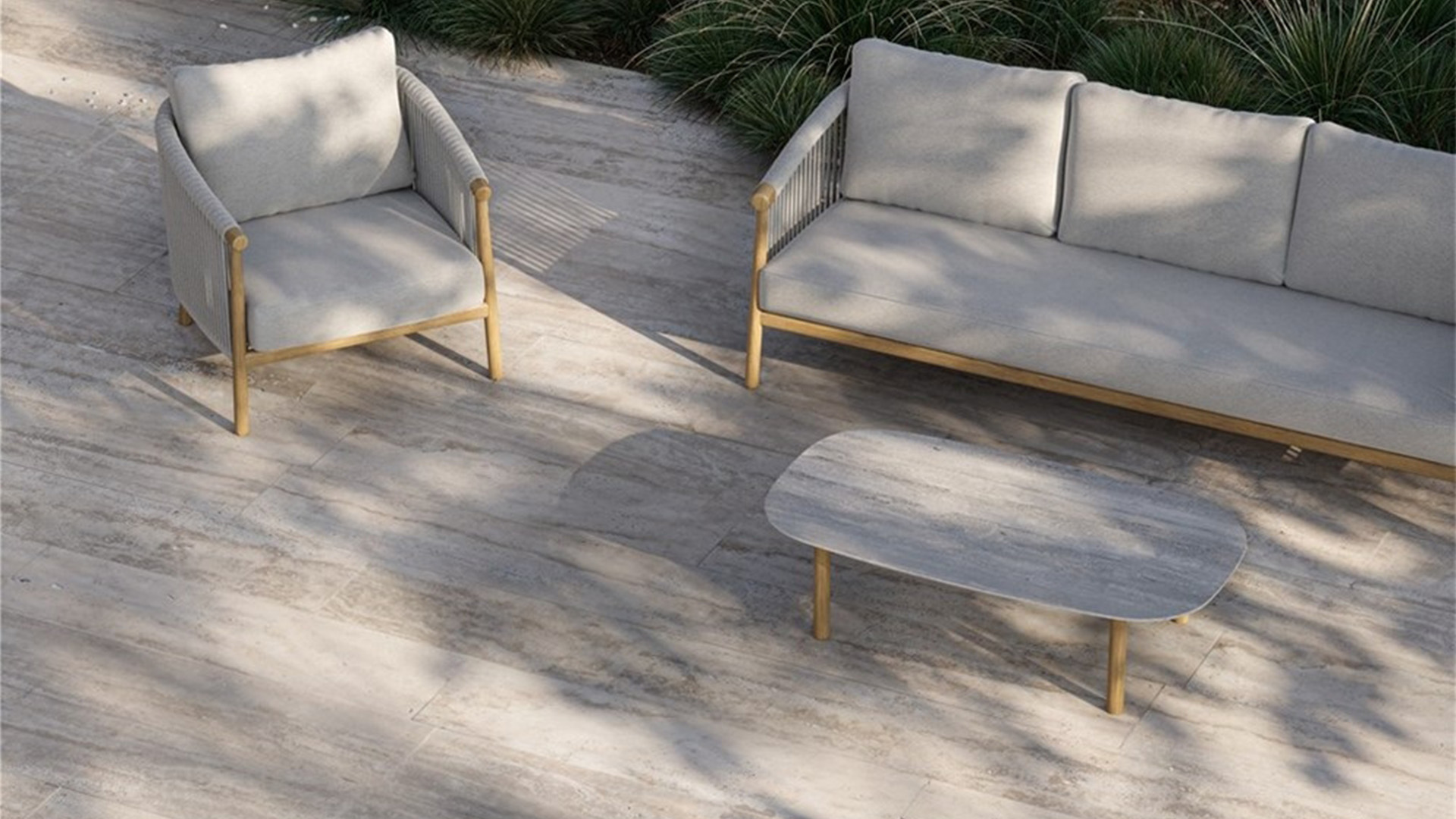 Ensemble canapé et salon Romeo, structure en teck - Toile Cloud Rope + Coussins à séchage rapide Cloud