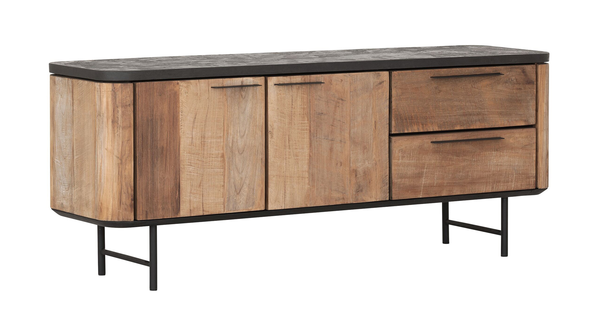 Soho TV-Meubel 150cm 2 Draaideuren + 2 Laden Recup Teak Op Zwart Metalen Onderstel