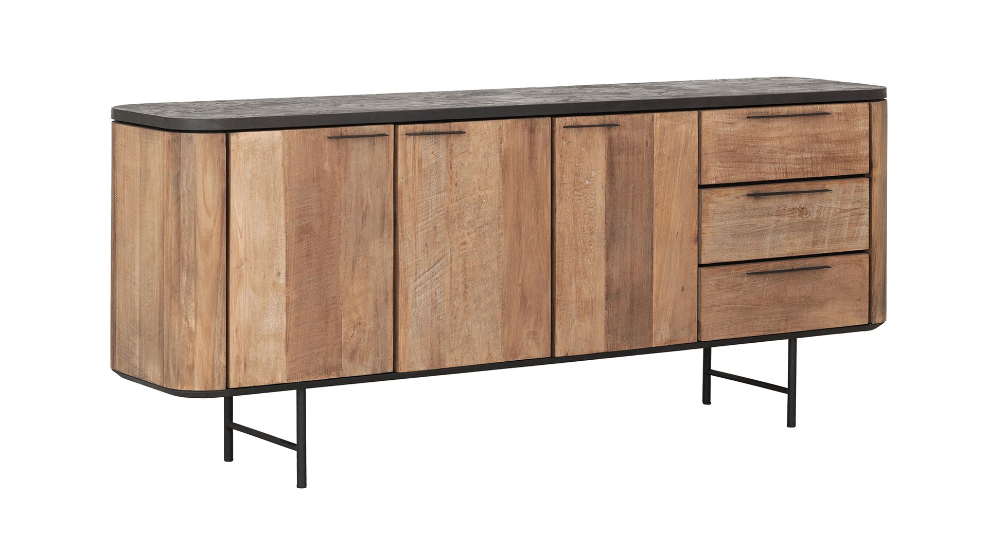 Soho Dressoir 200cm 3 Draaideuren + 3 Laden Recup Teak Op Zwart Metalen Onderstel 