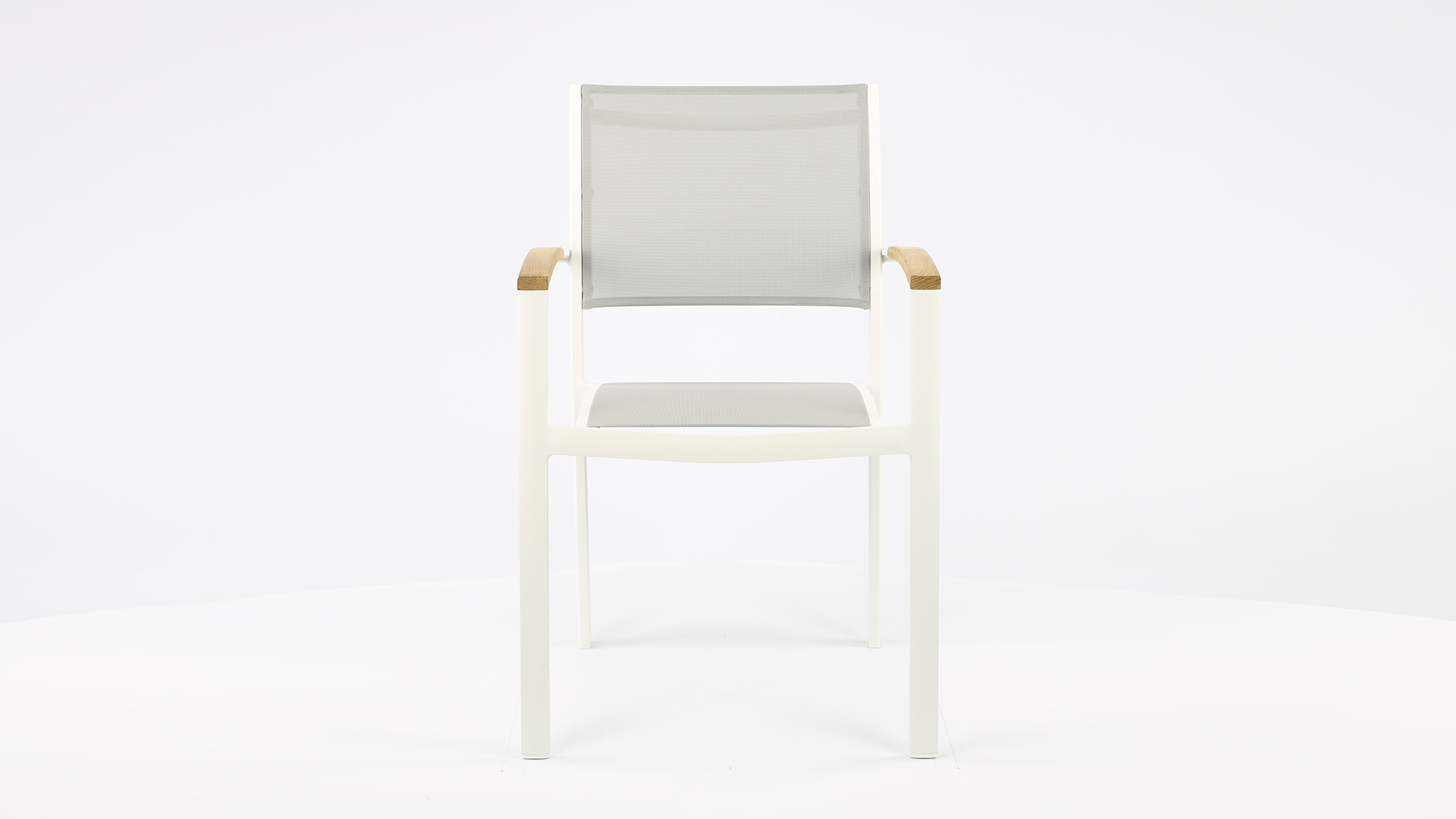 Alu Stapelstoel Namur White Mat - Light Grey Textilene + Teak Arm Rest