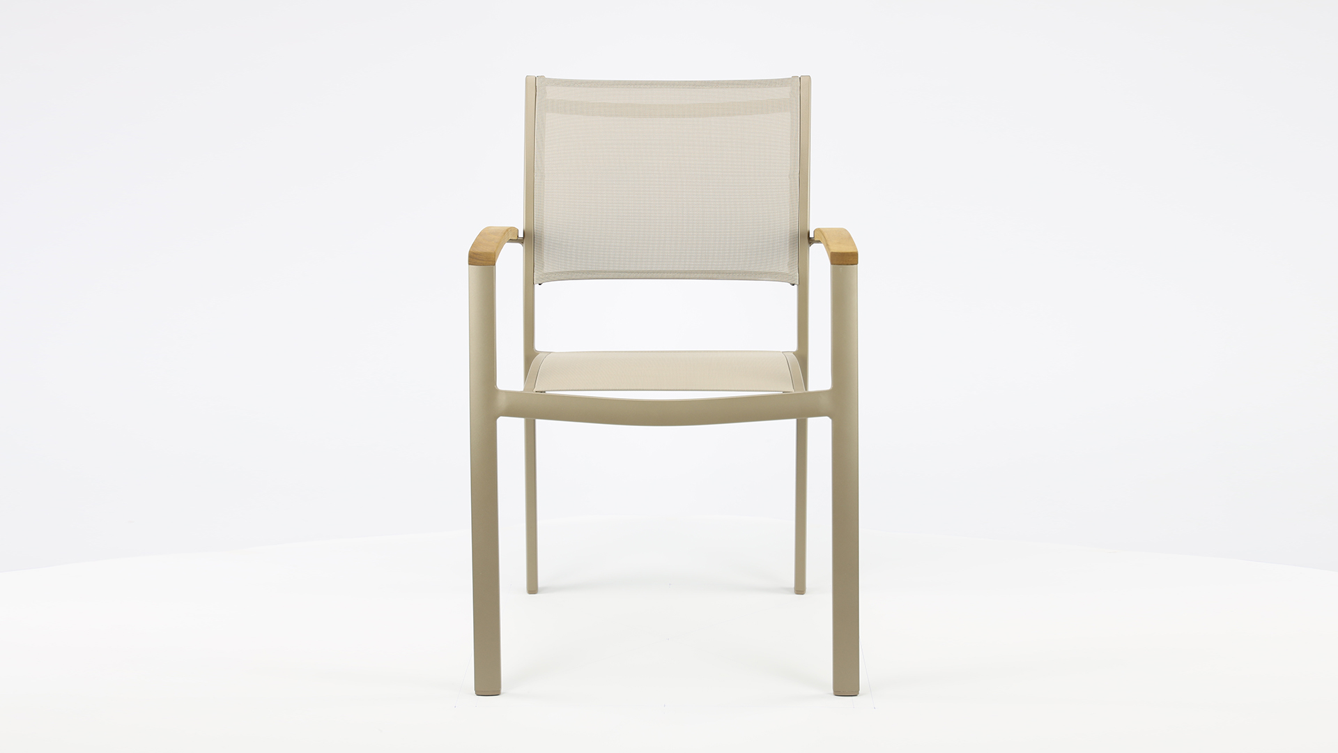 Alu Stapelstoel Namur Champagne Mat - Light Taupe Textilene + Teak Arm Rest