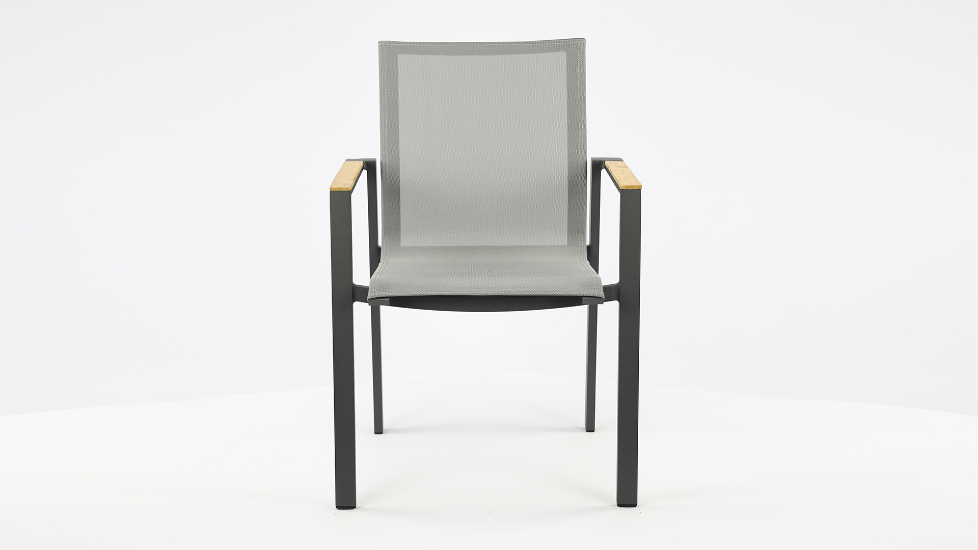 Alu Stacking Chair Brooklyn Charcoal Mat - Silver Grey Textilene + Teak Arm