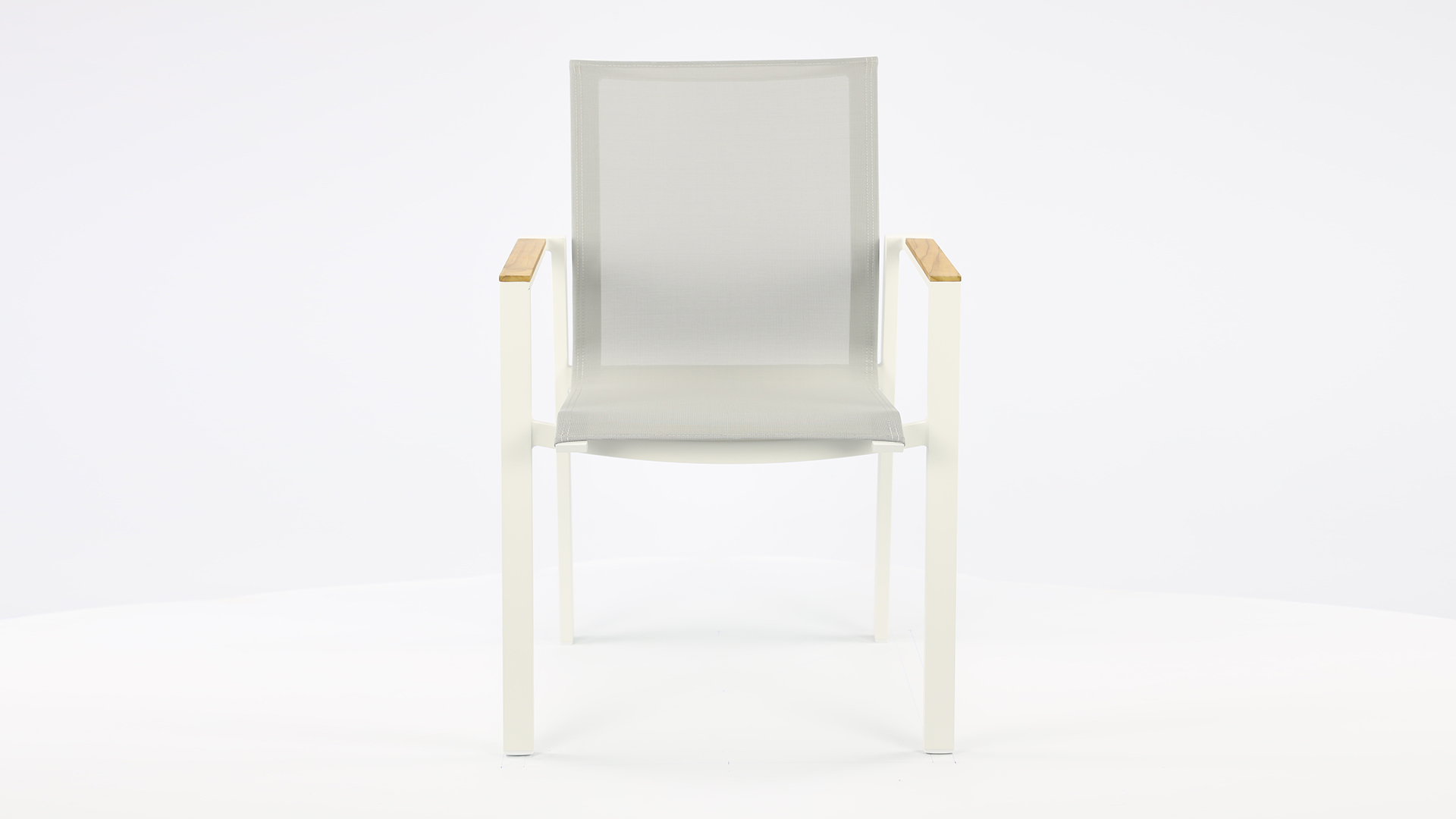 Alu Stacking Chair Brooklyn White Matt - Light Grey Textilene + Teak Arm Rest