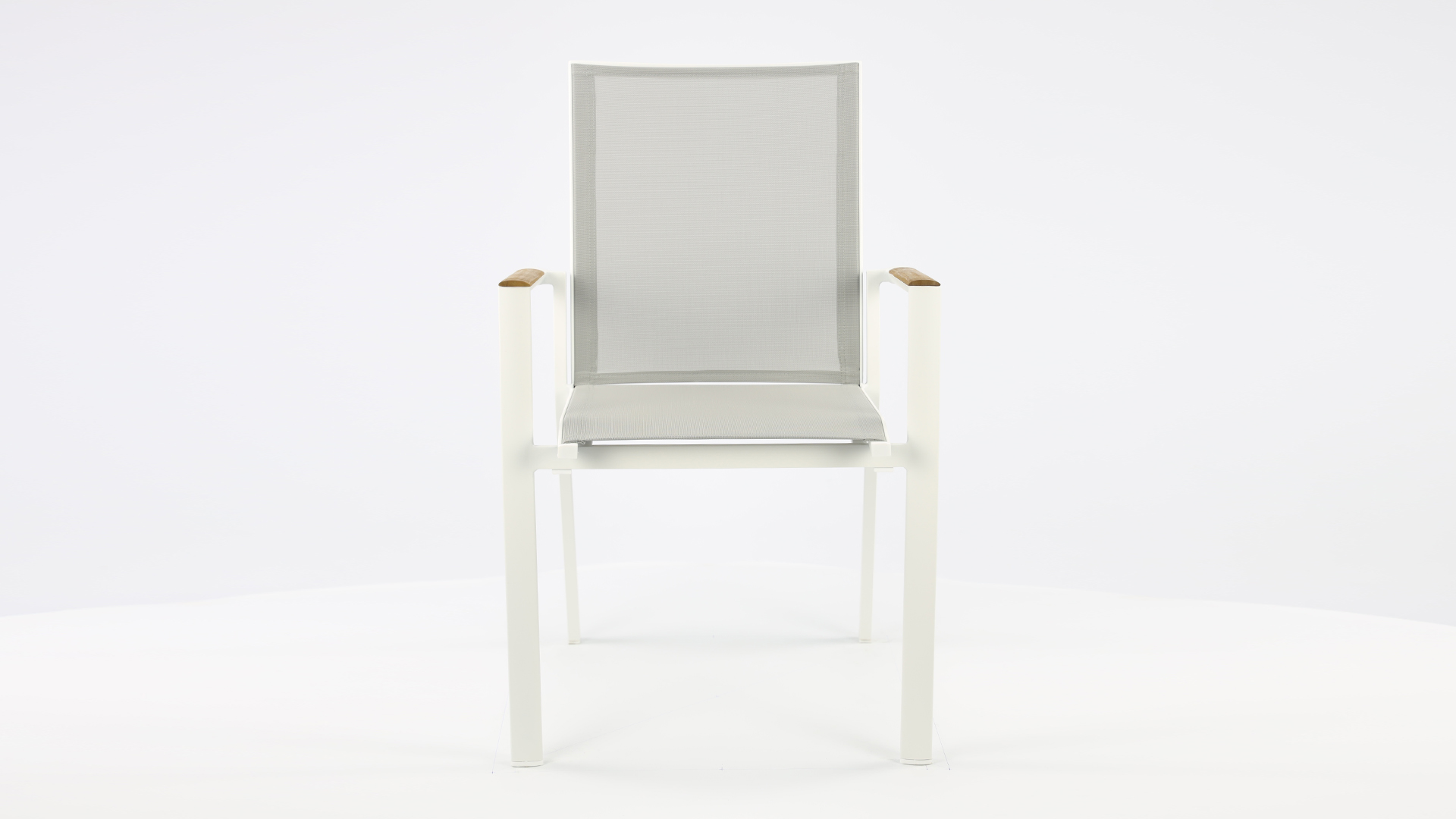 Alu Stacking Chair Sydney White Matt - Light Grey Textilene - Teak Arm