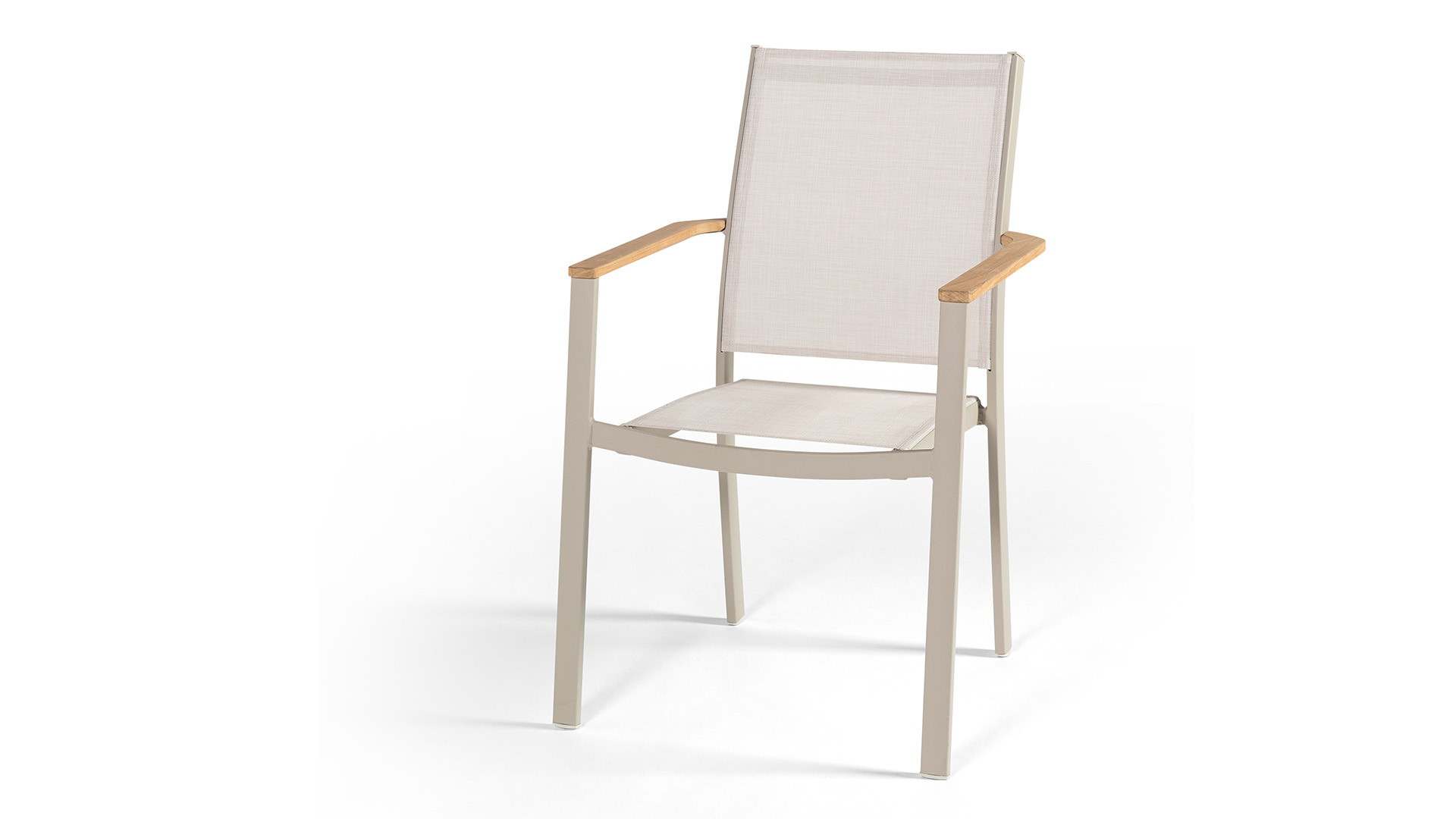 Alu Stacking Chair Brisbane Linen Matte With Textilene Sand + Teak Armrest