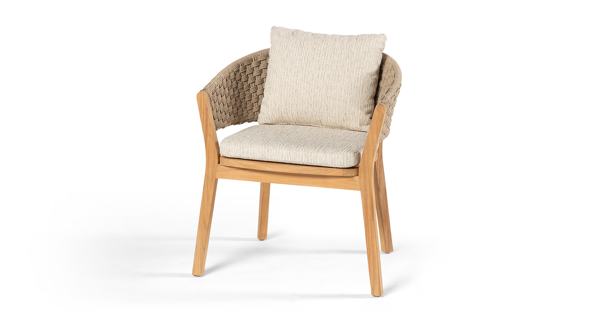 Chaise de salle à manger en teck Rose + Corde naturelle et coussin couleur écru bouclé