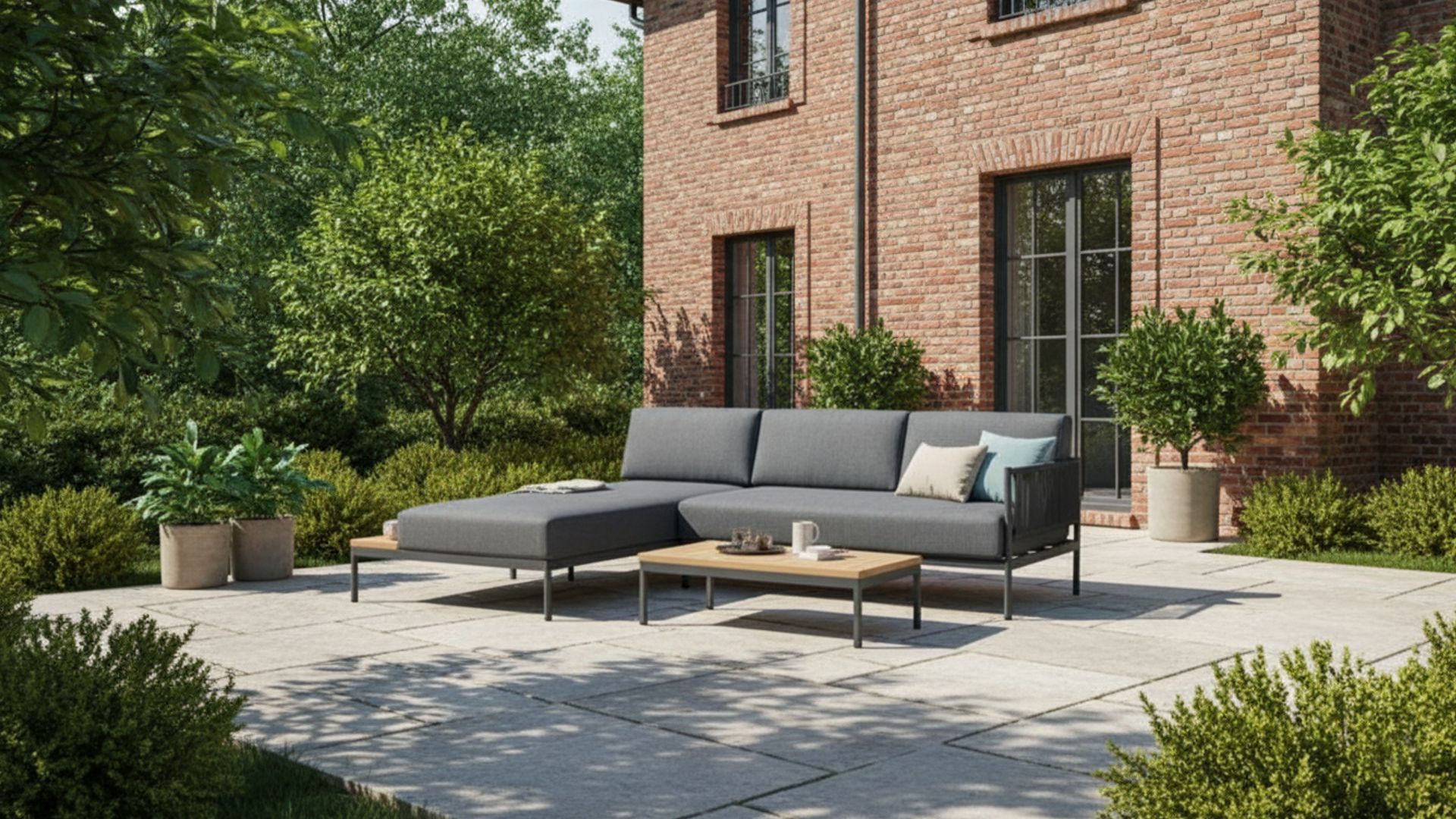 Alu Lounge Set Aragon Charcoal Mat Met Teak Top + Rope Zwart Met Kussens Kleur Donker Grijs Olefin   
