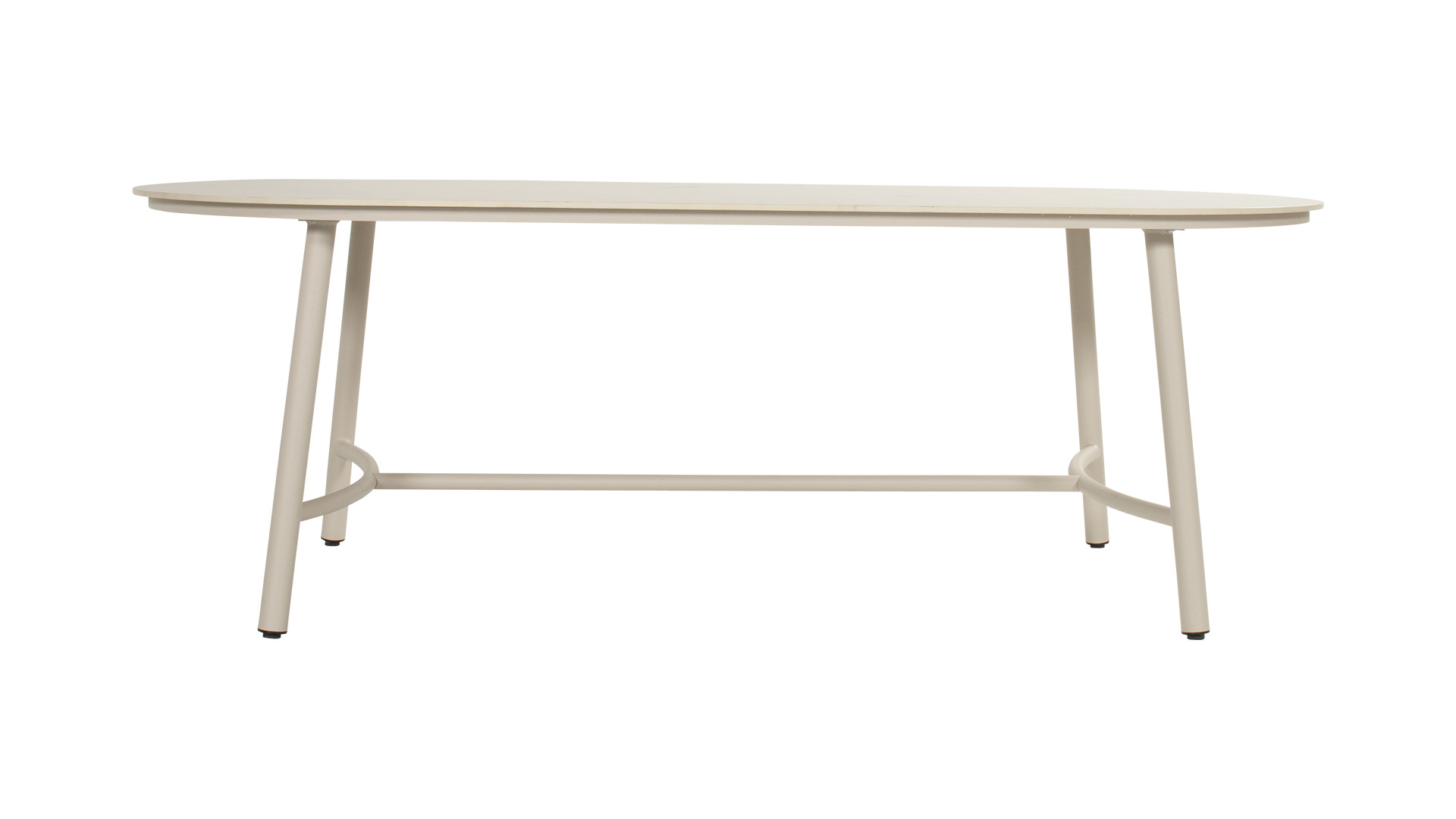 Table de jardin ovale Flora, cadre en aluminium et plateau en céramique, couleur sable, 220 cm x 100 cm