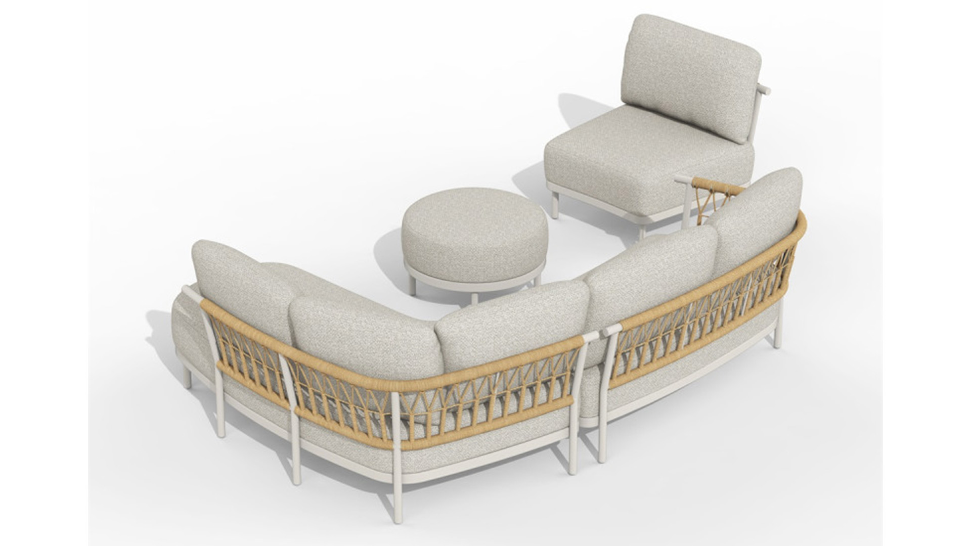 Alu Lounge Fresca Corner Set Organic Left + Intermediate Piece + Pouf Alu Frame Creme White With AW Cushions Dove Olefin