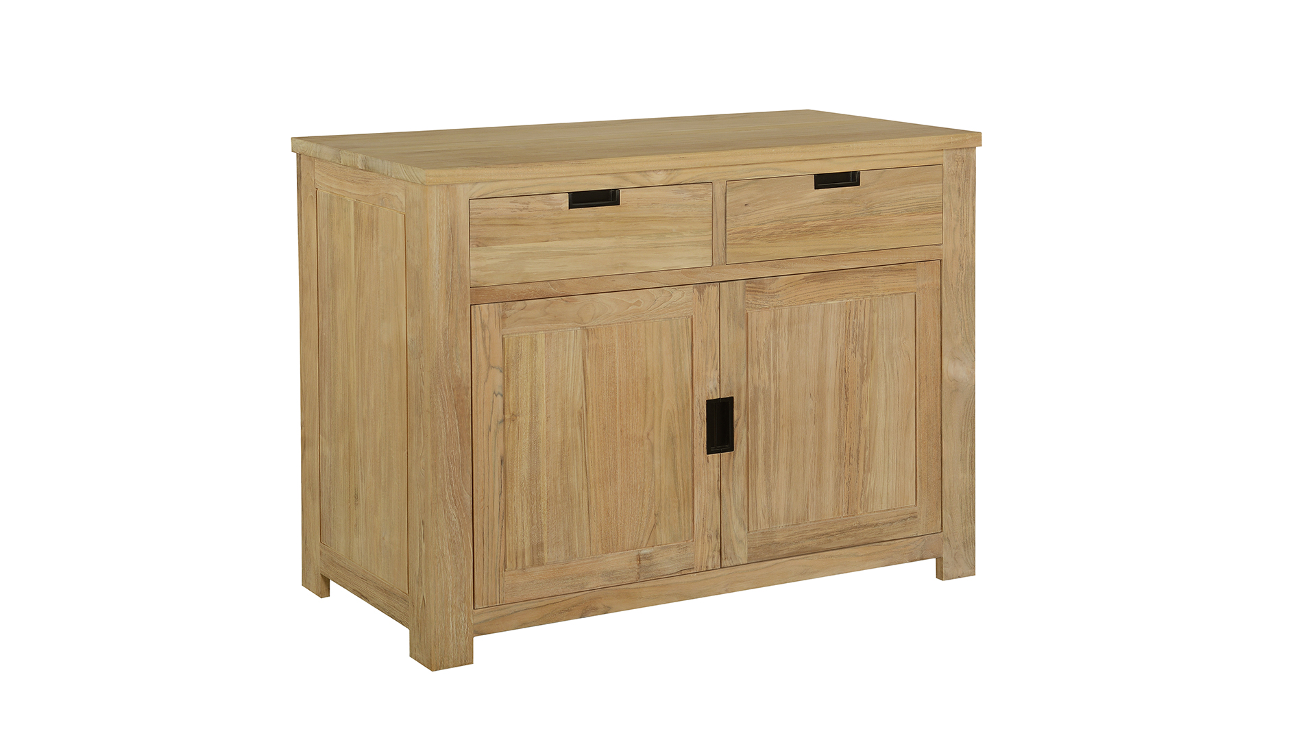 Modernes Sideboard in Schwarz, 120 cm, 2 Drehtüren + 2 Schubladen, Kollektion Recup Teak Light Brushed Diamond