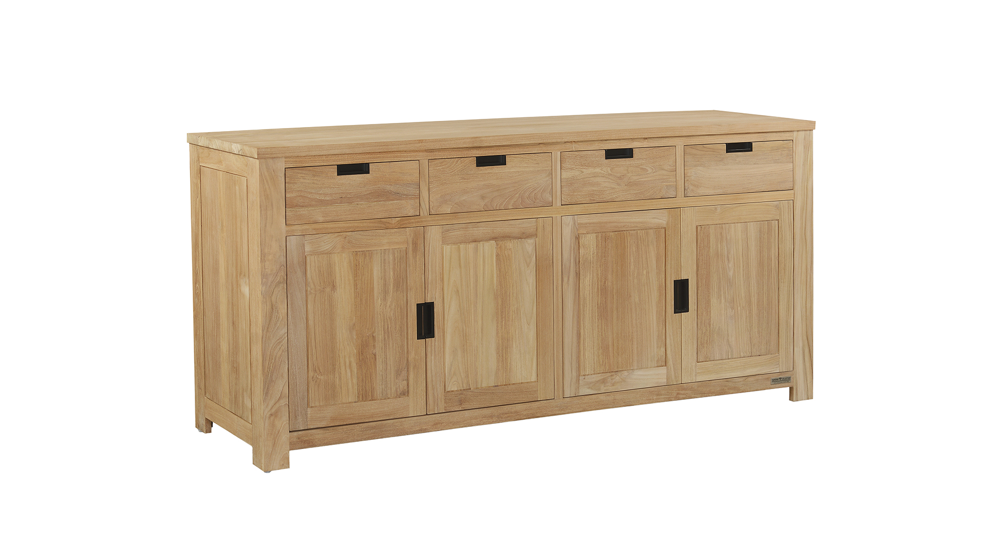 Buffet Moderne Noir 220cm 4 Portes Tournantes + 4 Tiroirs Recup Teck Clair Brossé Collection Diamant