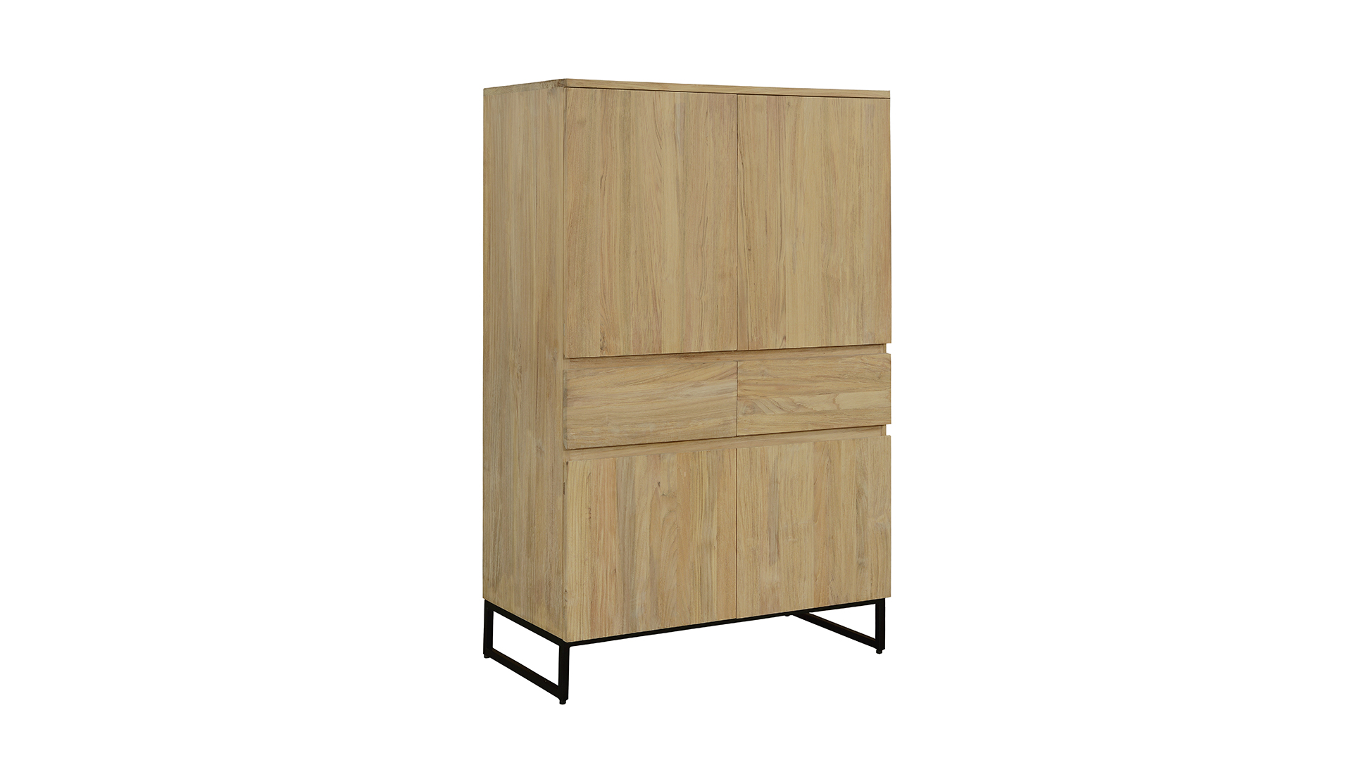 Modena Barschrank 100 cm mit 4 Drehtüren und 2 Schubladen, Teakholz hell gebürstet – Diamond Collection