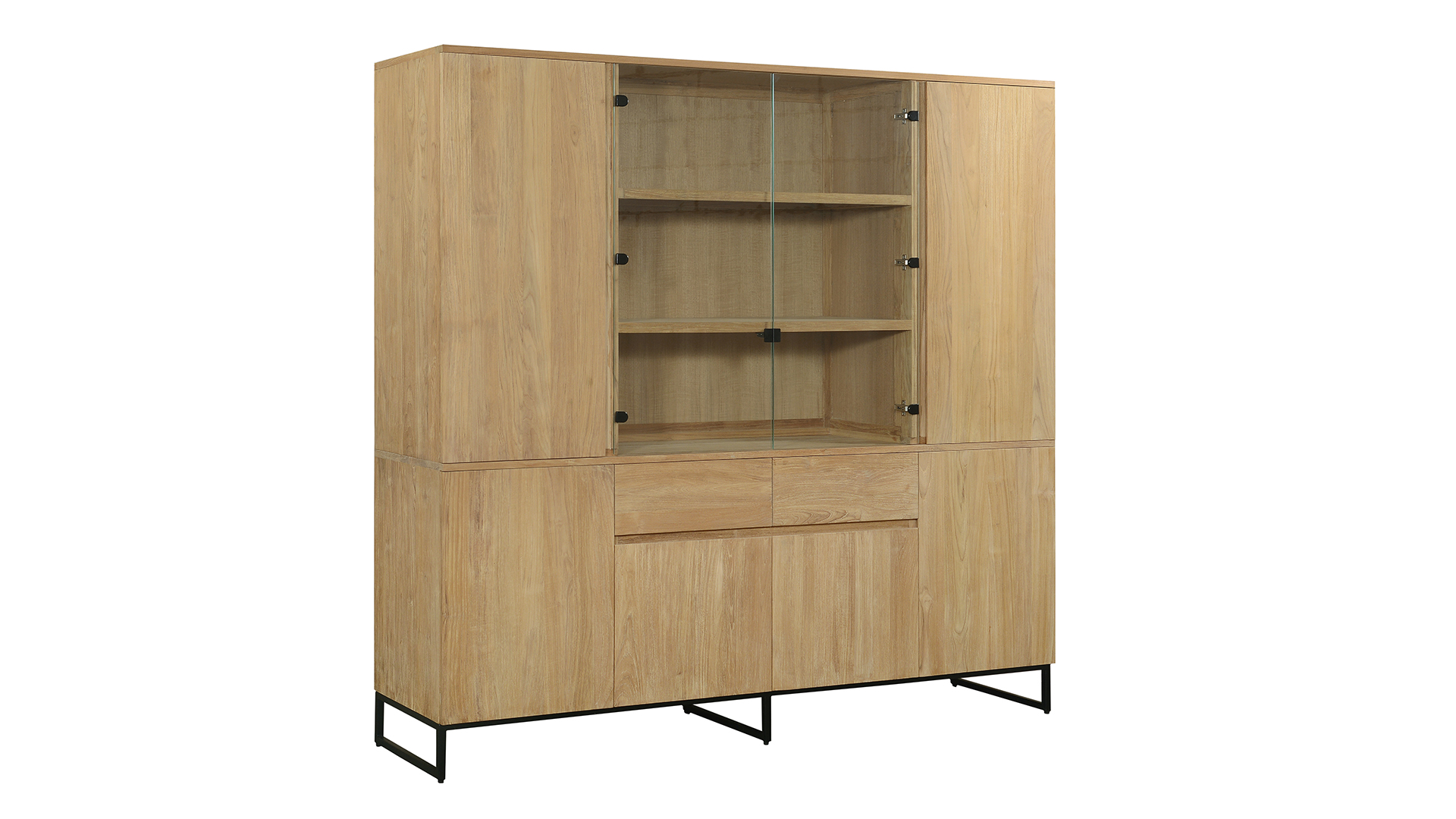 Modena Vitrinekast Met 6 Draaideuren en 2 Glasdeuren en 2 Laden 200cm x 47cm x H198cm Teak Light Brushed