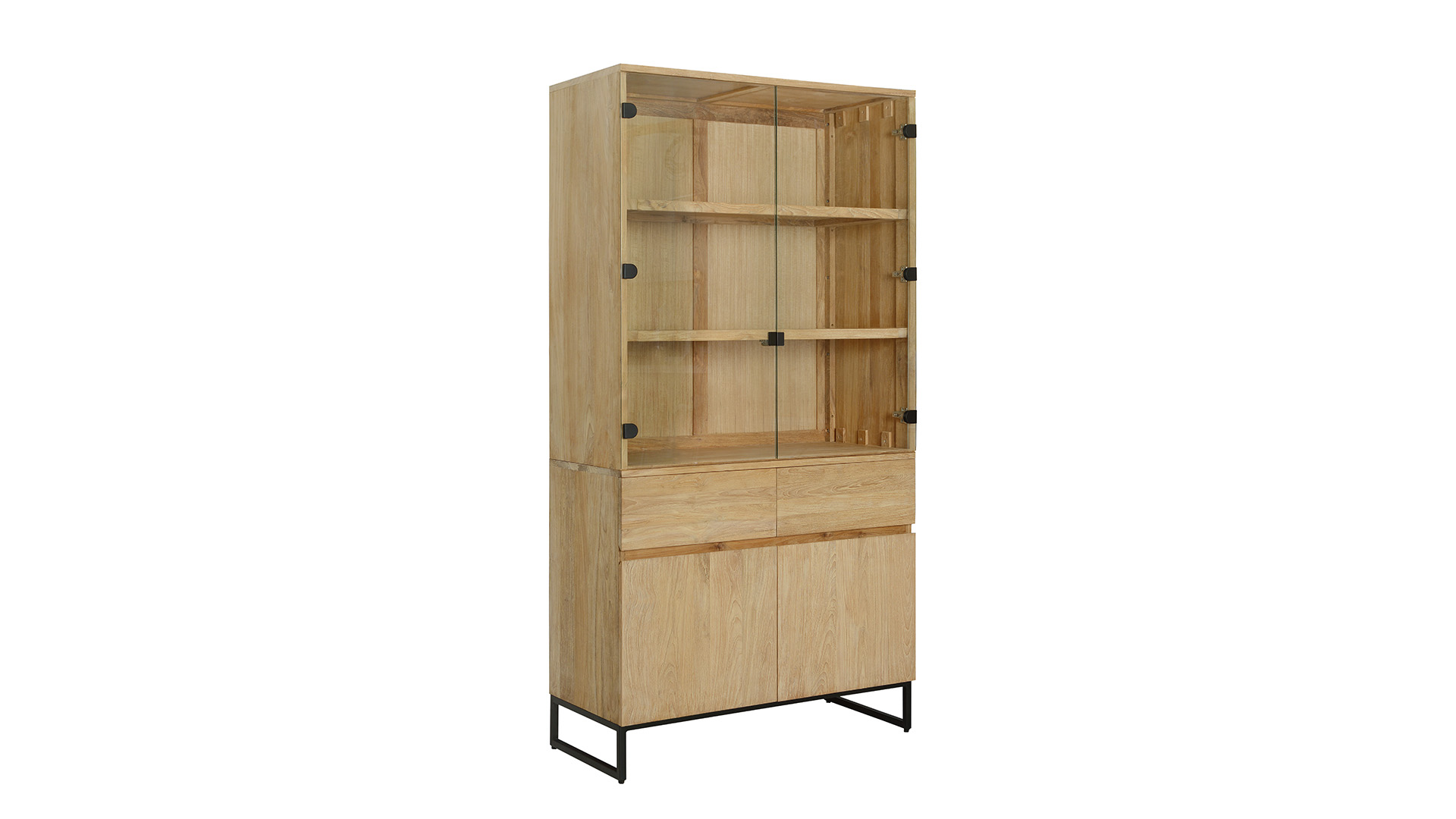 Modena Vitrinekast Met 2 Draaideuren en 2 Glasdeuren en 2 Laden 100cm x 47cm x H198cm Teak Light Brushed