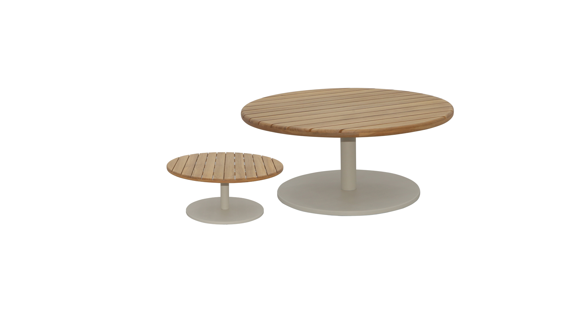 Table basse Suro, diamètre 60 cm, structure en aluminium couleur sable et plateau en teck naturel