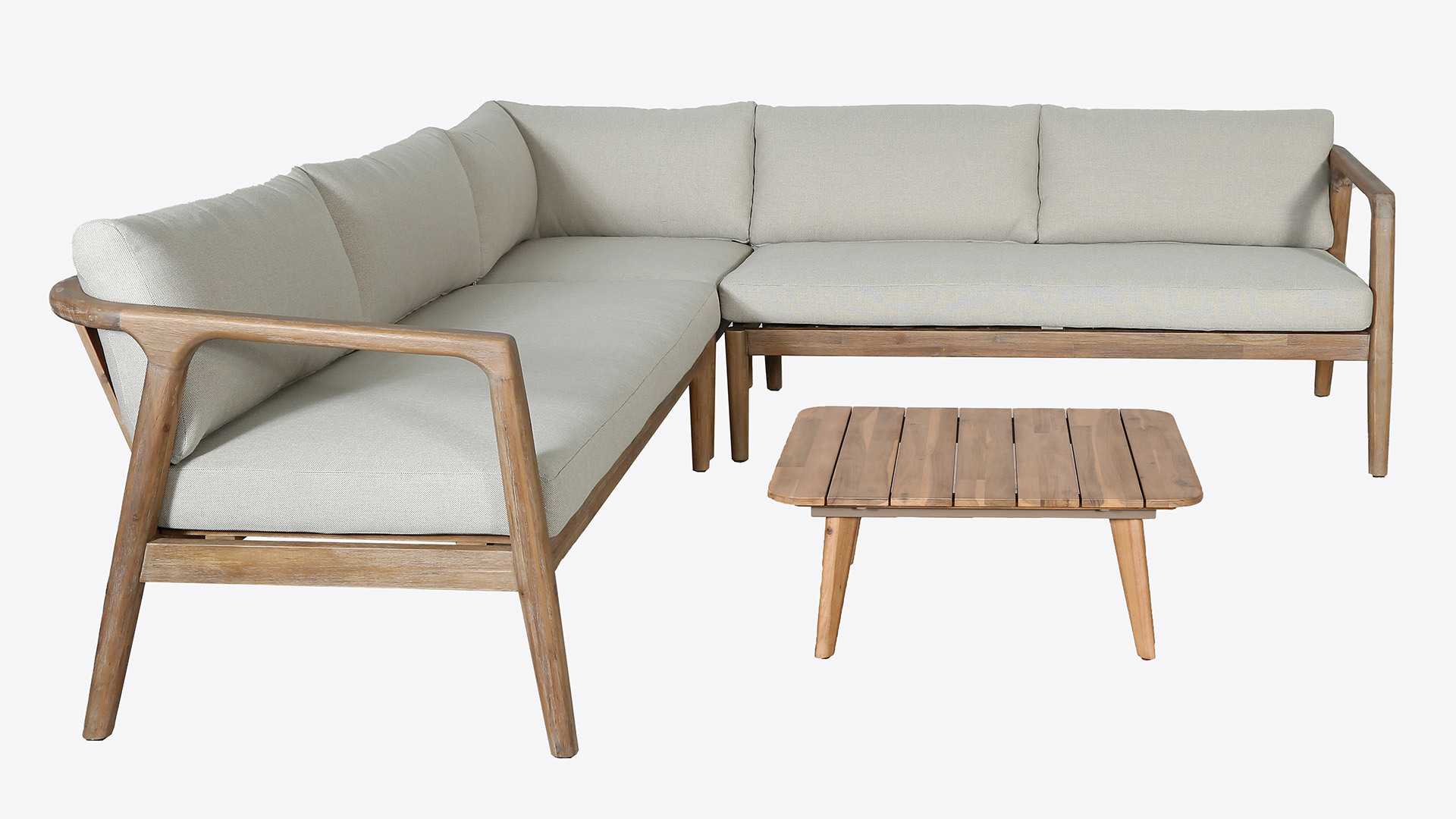 Cairo Ecklounge + Couchtisch Holz Akazie Walnuss - Kissen Serval Hellbraun Olefin 370 - Luxus Lounge
