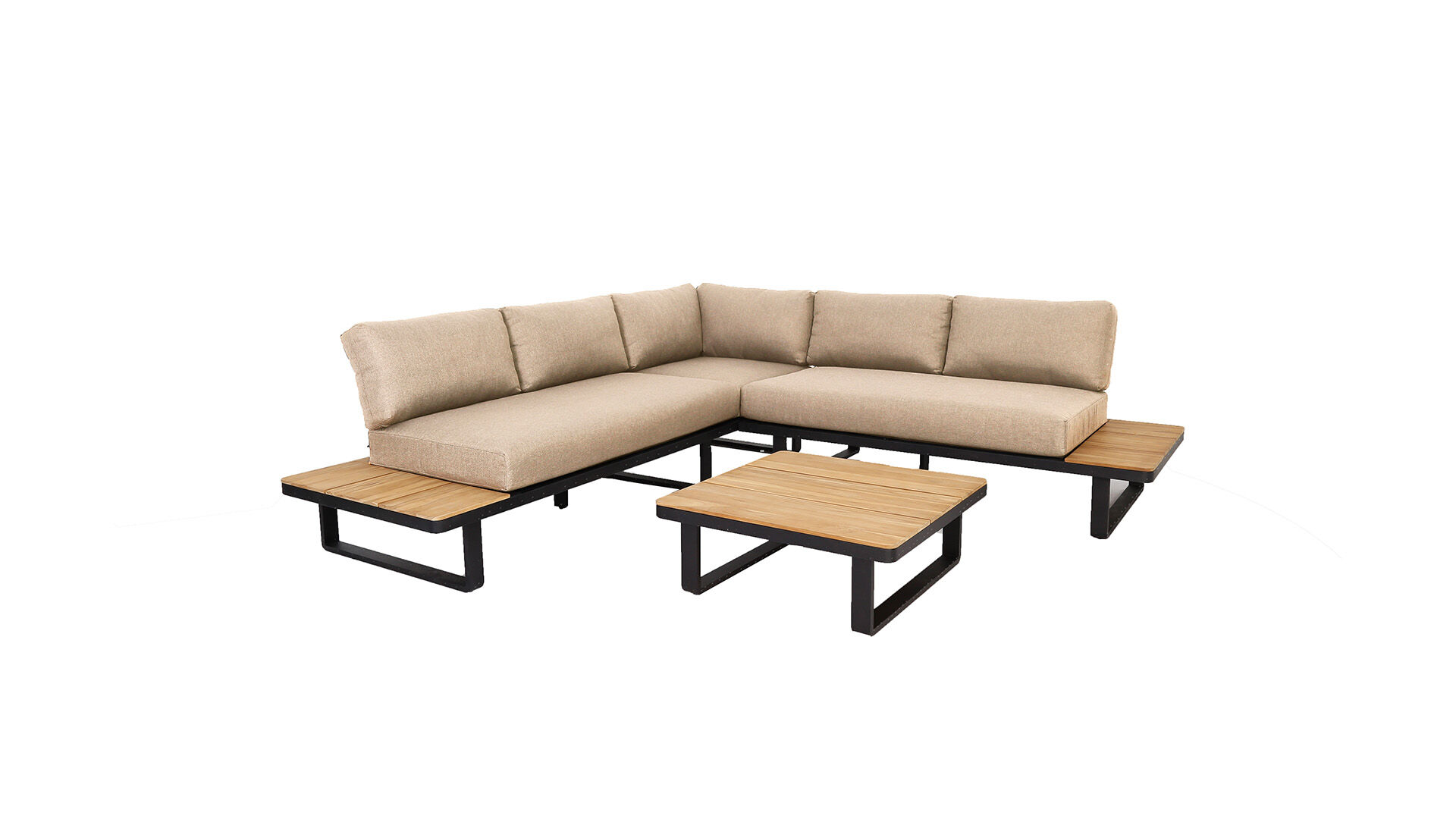 Napels Corner Lounge 3-piece - Alu Frame Black + Acacia Top Teak Look - Cushions Light Brown Olefin 240