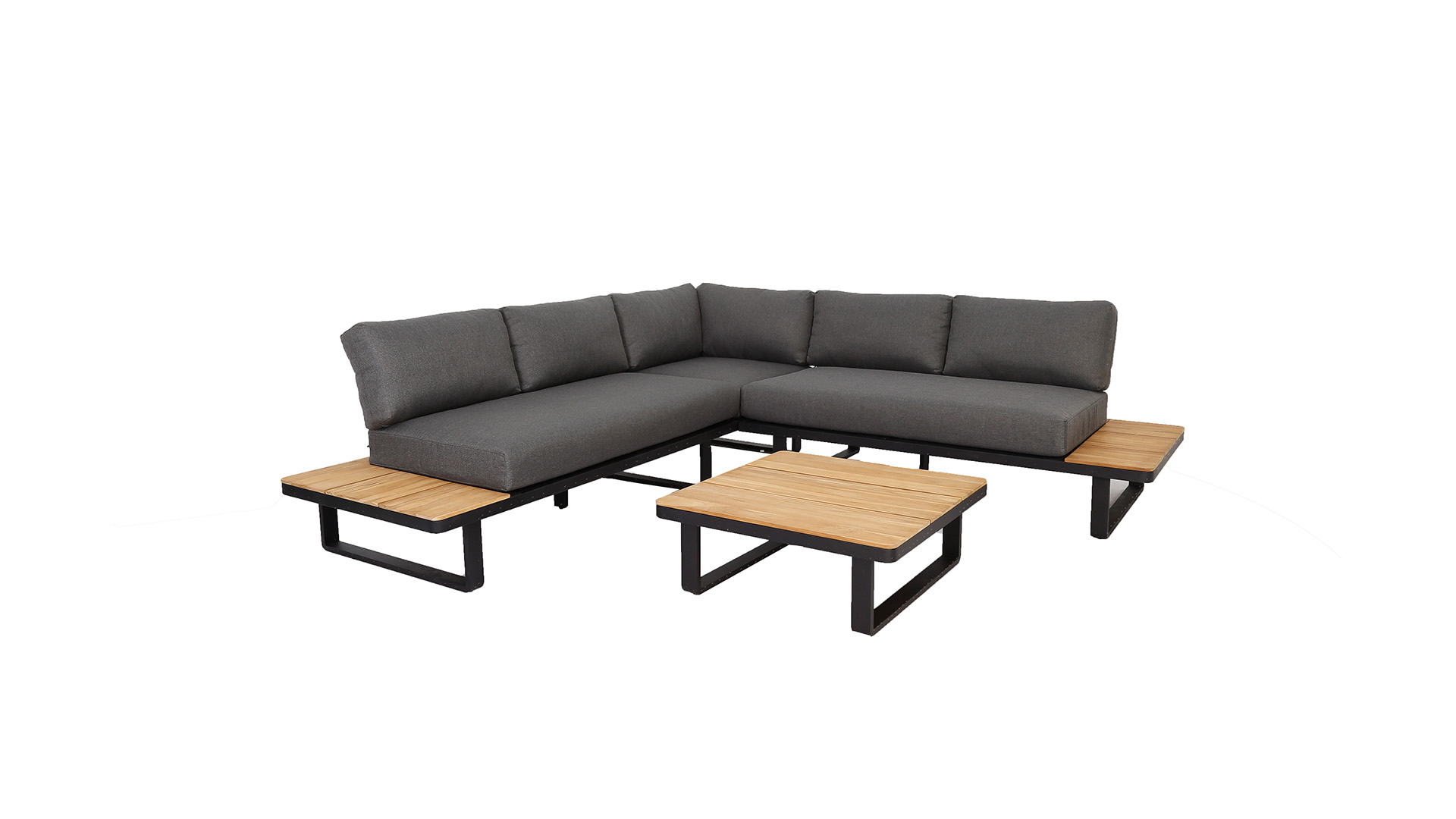 Napels Hoeklounge 3-delig - Alu Frame Black + Acacia Top Teak Look - Kussens Light Brown Olefin 240