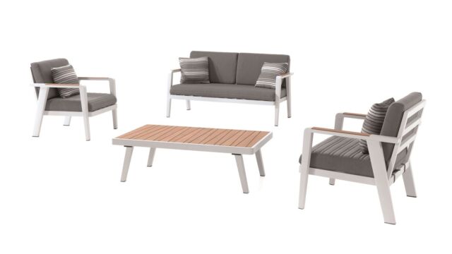 Alu/Teak Lounge Guadeloupe Set 1x 2-Sitzer + 2 x 1-Sitzer + Couchtisch - Weißes Alu - Jutekissen