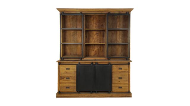 Vitrine Signature en bois avec 6 tiroirs, 2 portes vitrées et 2 portes métalliques, 180 cm x 50 cm x H220 cm, teck vintage