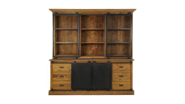 Vitrine Signature en bois avec 6 tiroirs, 2 portes vitrées et 2 portes métalliques, 220 cm x 50 cm x H220 cm, teck vintage