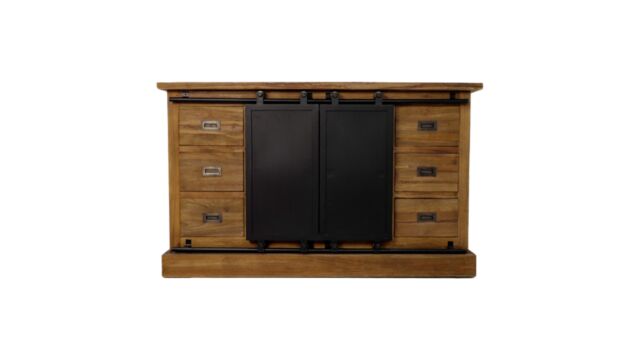 Wood Signature Sideboard mit 6 Schubladen und 2 Metalltüren 140 cm x 43 cm x H85 cm Vintage Teak
