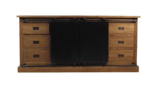 Wood Signature Sideboard mit 6 Schubladen und 2 Metalltüren, 220 cm x 50 cm x H85 cm, Vintage-Teak