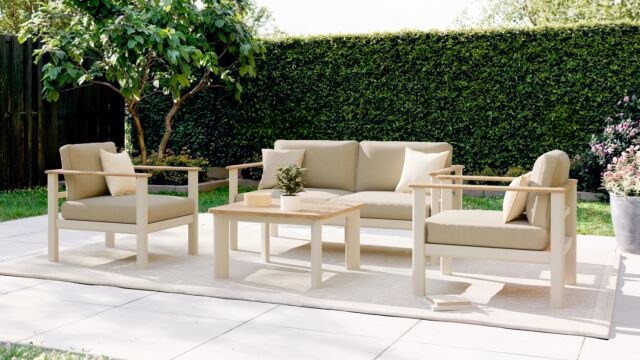 Forza Lounge-Sofa-Set, Alu-Rahmen, sandfarben + Teak-Natur-Armlehne – Kissen, Serval, hellbraun, Olefin 370