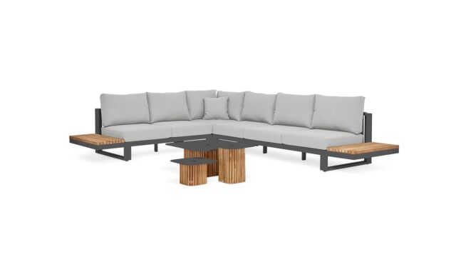 Savona Corner Lounge 4 pièces Alu Matt Royal Grey + Teck Naturel et Fontelina Soft Grey Coussins Mixtes Hydrofuges