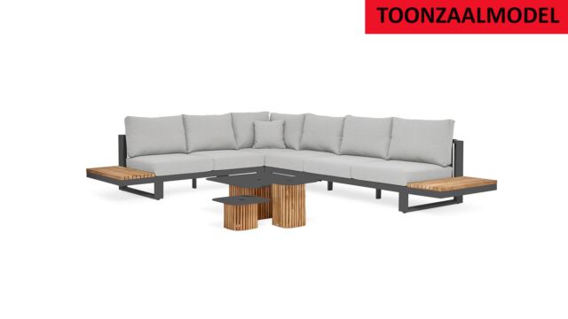 Savona Corner Lounge 4-Piece Alu Matt Royal Gray + Teak Natural and Fontelina Soft Gray Mixed Cushions Water Repellent